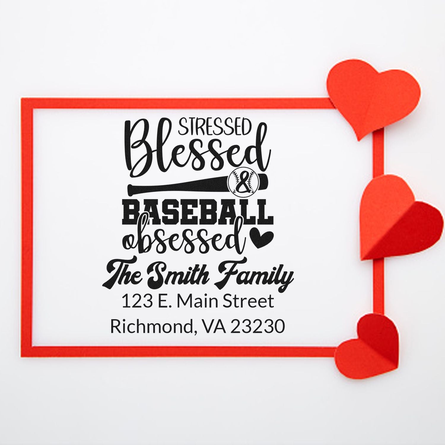 Personalized rubber address stamp for baseball-loving family, featuring Stressed Blessed Baseball Obsessed design.