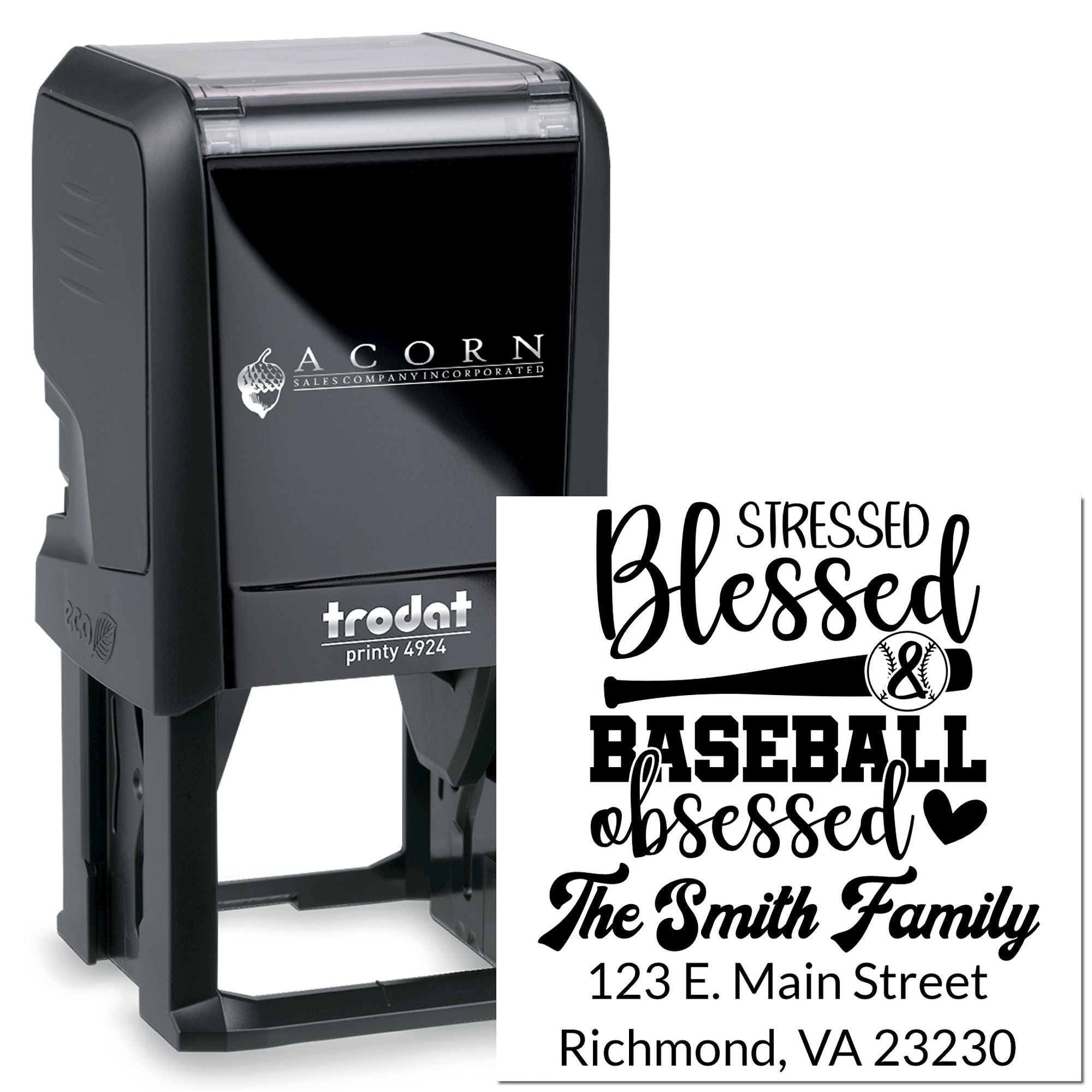 Custom self-inking rubber stamp with personalized baseball family address and Stressed Blessed Baseball Obsessed design.