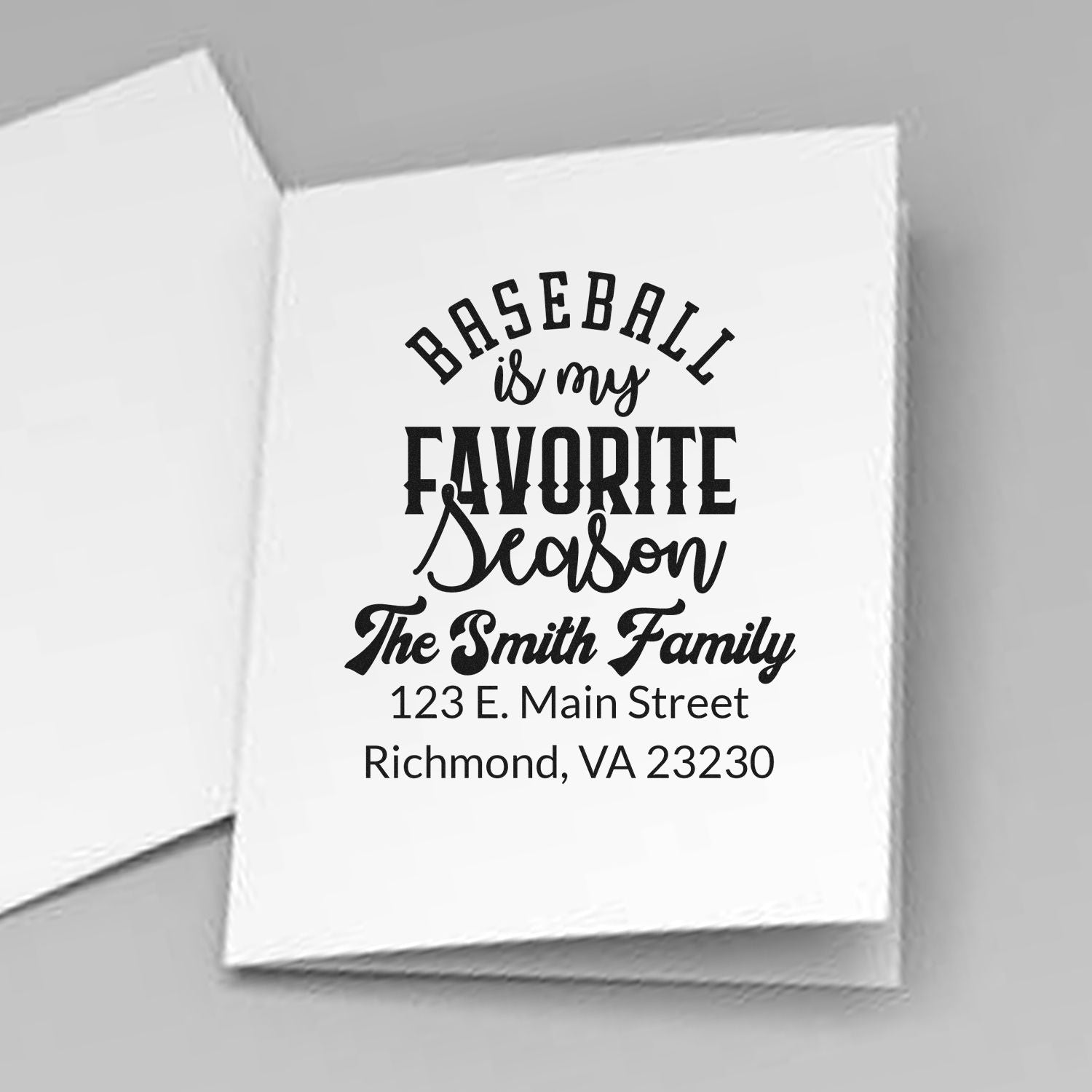 Custom baseball is my favorite season rubber stamp with family name and address for personalized cards, gifts, and stationery.