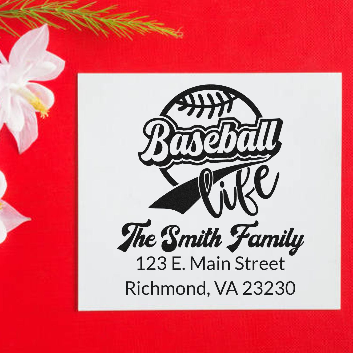 Custom baseball life rubber stamp with family name and address for sports-themed stationery, mail, and gifts.