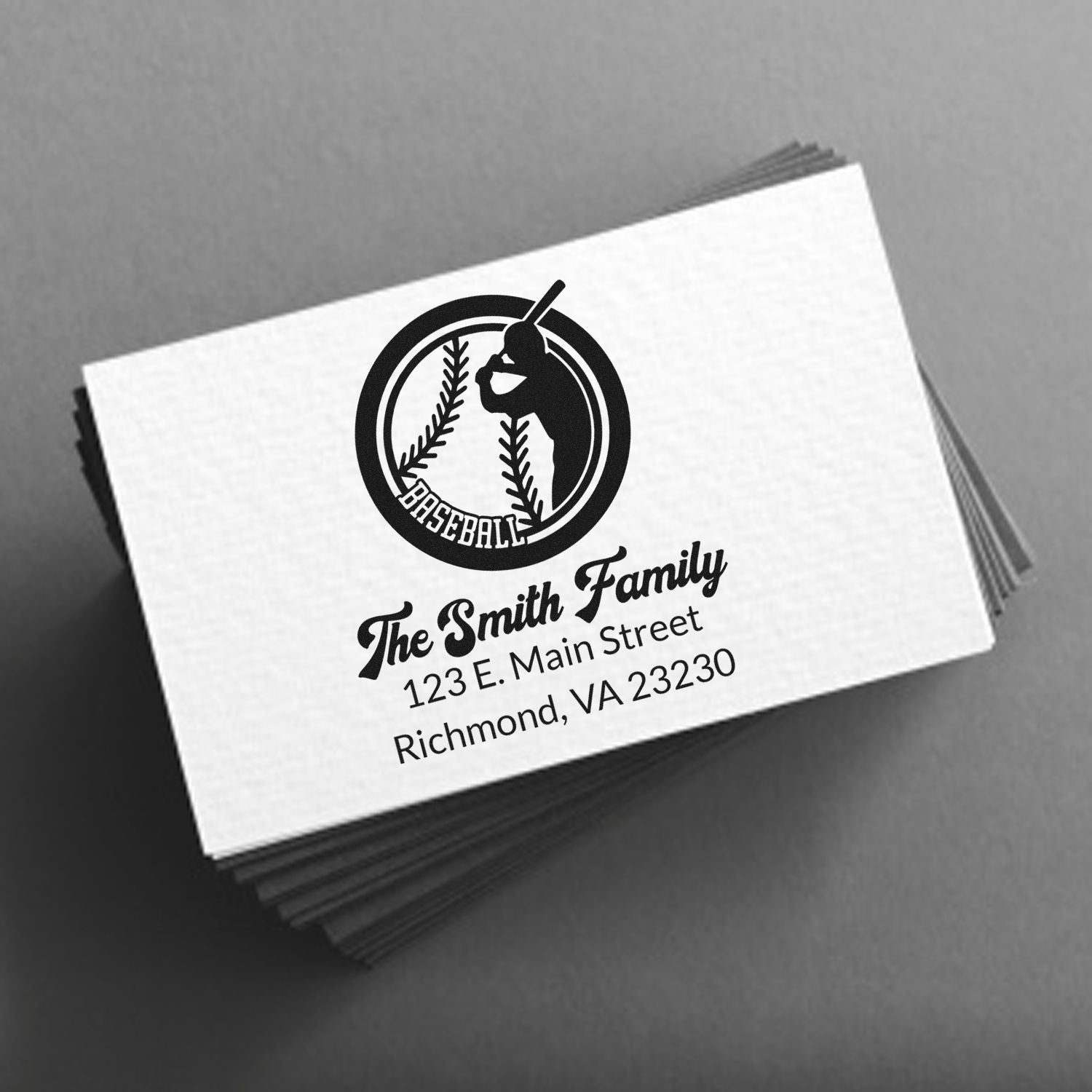 Custom baseball family return address rubber stamp with batter logo, The Smith Family, Richmond, VA, on stacked cards.