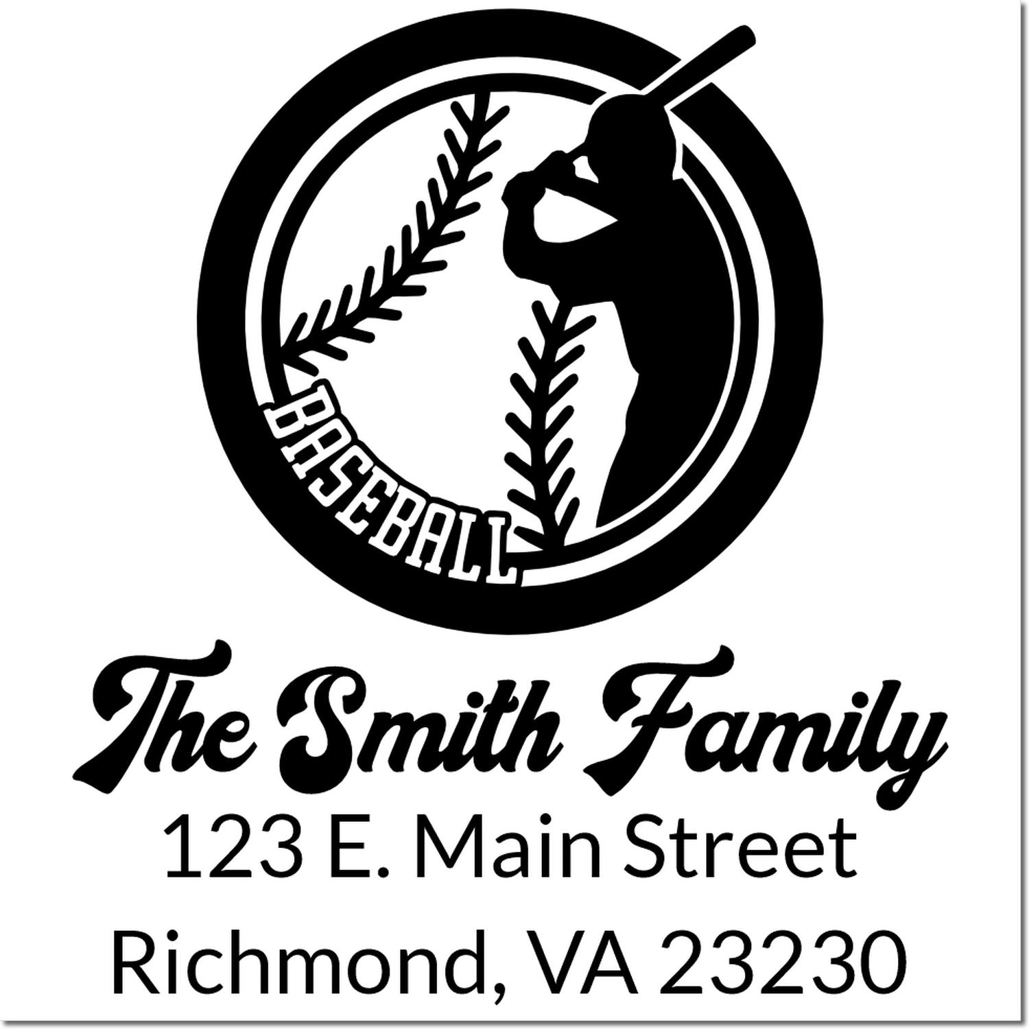 Custom baseball family return address rubber stamp with player logo, The Smith Family, 123 E. Main Street, Richmond, VA 23230