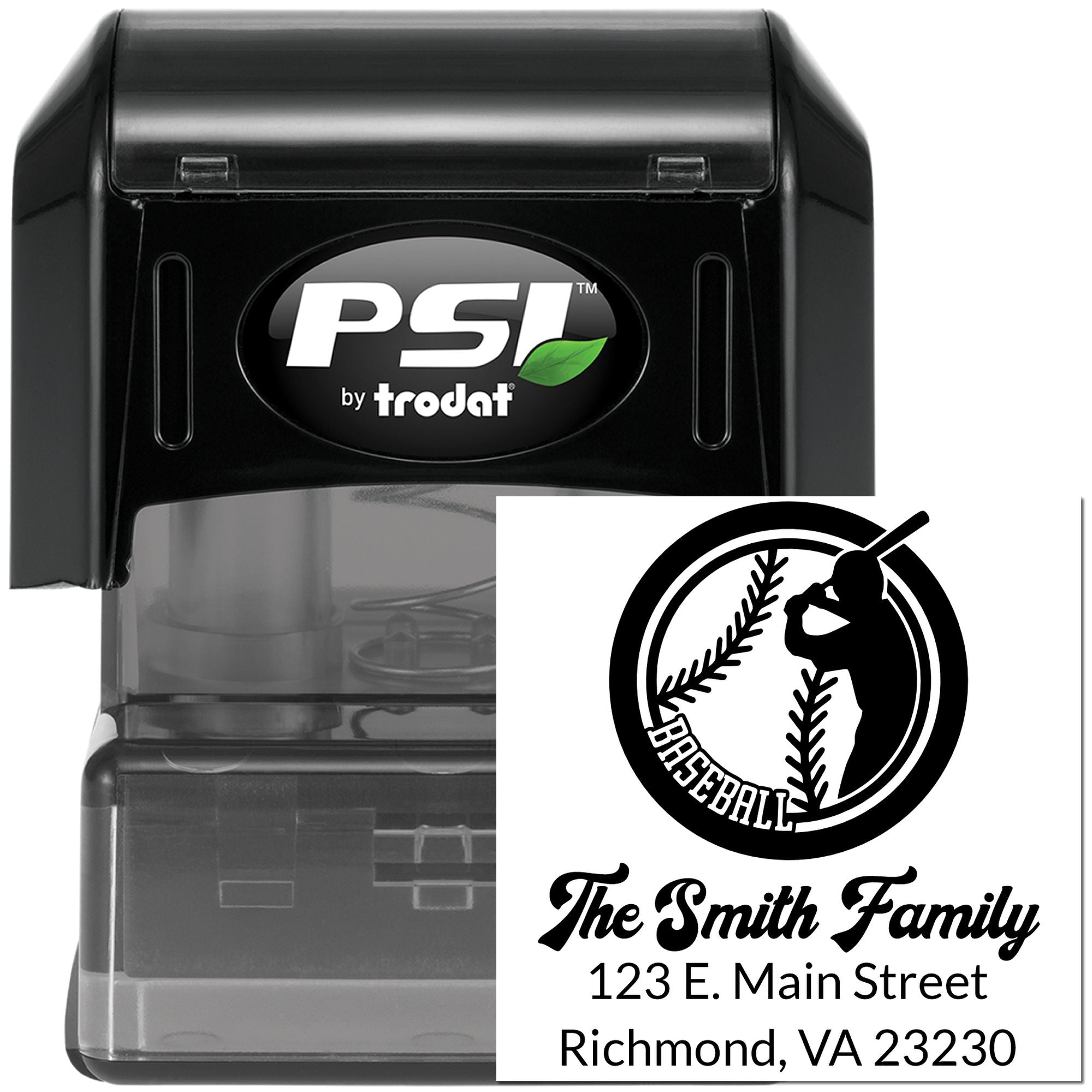 Custom self-inking rubber stamp with baseball family address design for personalized mailing and branding.