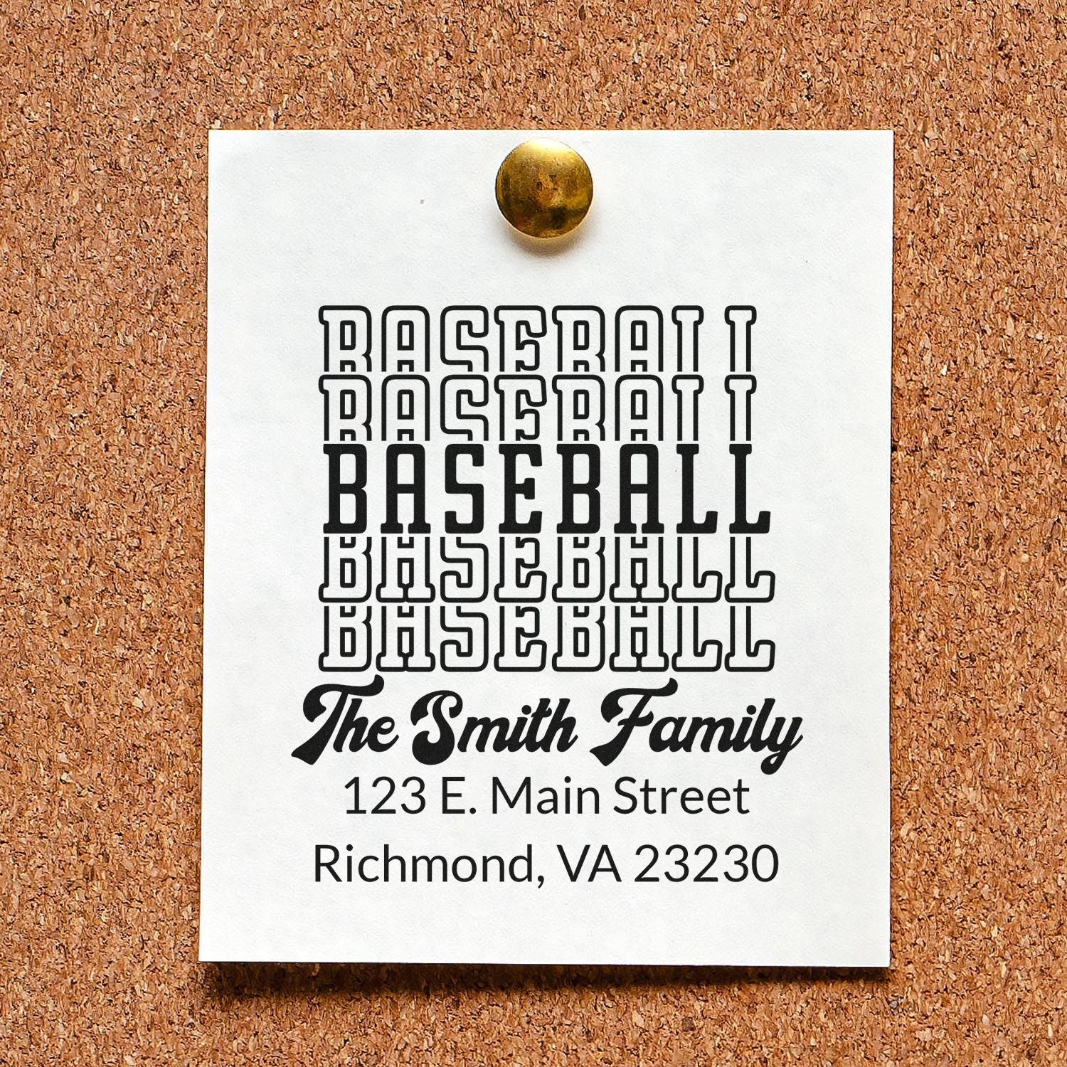 Custom baseball return address rubber stamp for The Smith Family, featuring Richmond, VA 23230 on a pinned sample card.