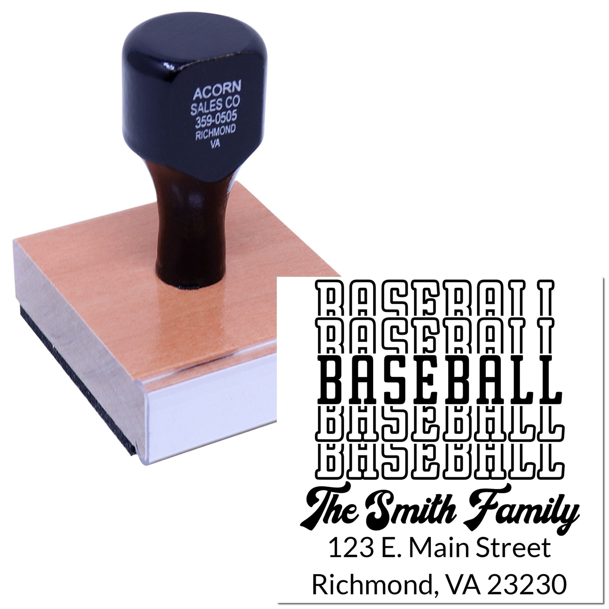 Custom baseball family address rubber stamp with imprint preview for personalized mailing and gifts.