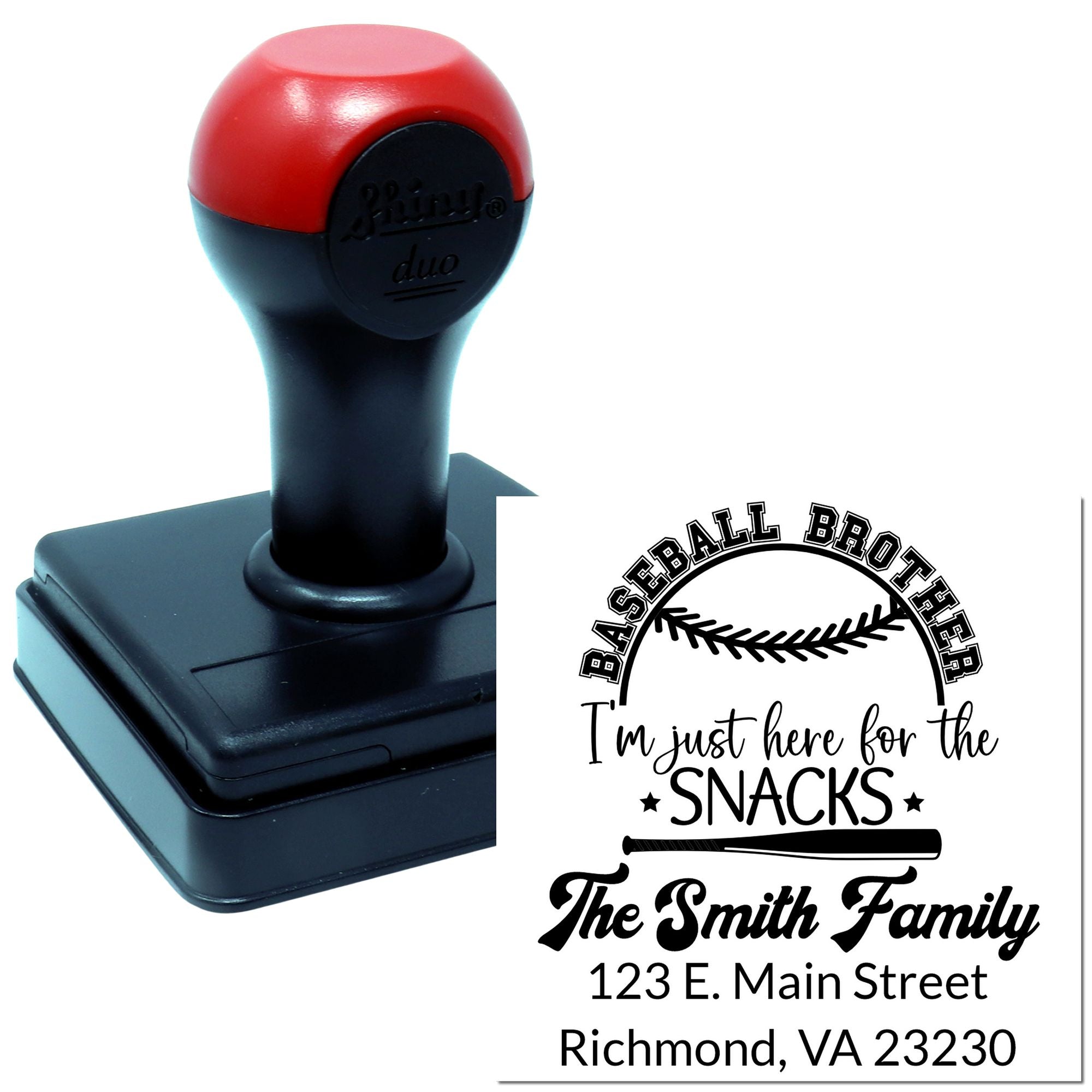 Custom self-inking baseball brother snack rubber stamp with personalized family name and address.