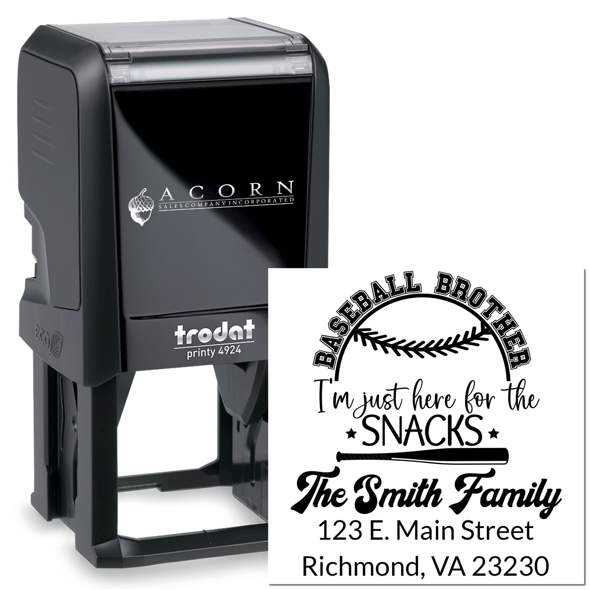 Custom baseball-themed self-inking rubber stamp for personalized family return addresses and snack-loving imprint design.
