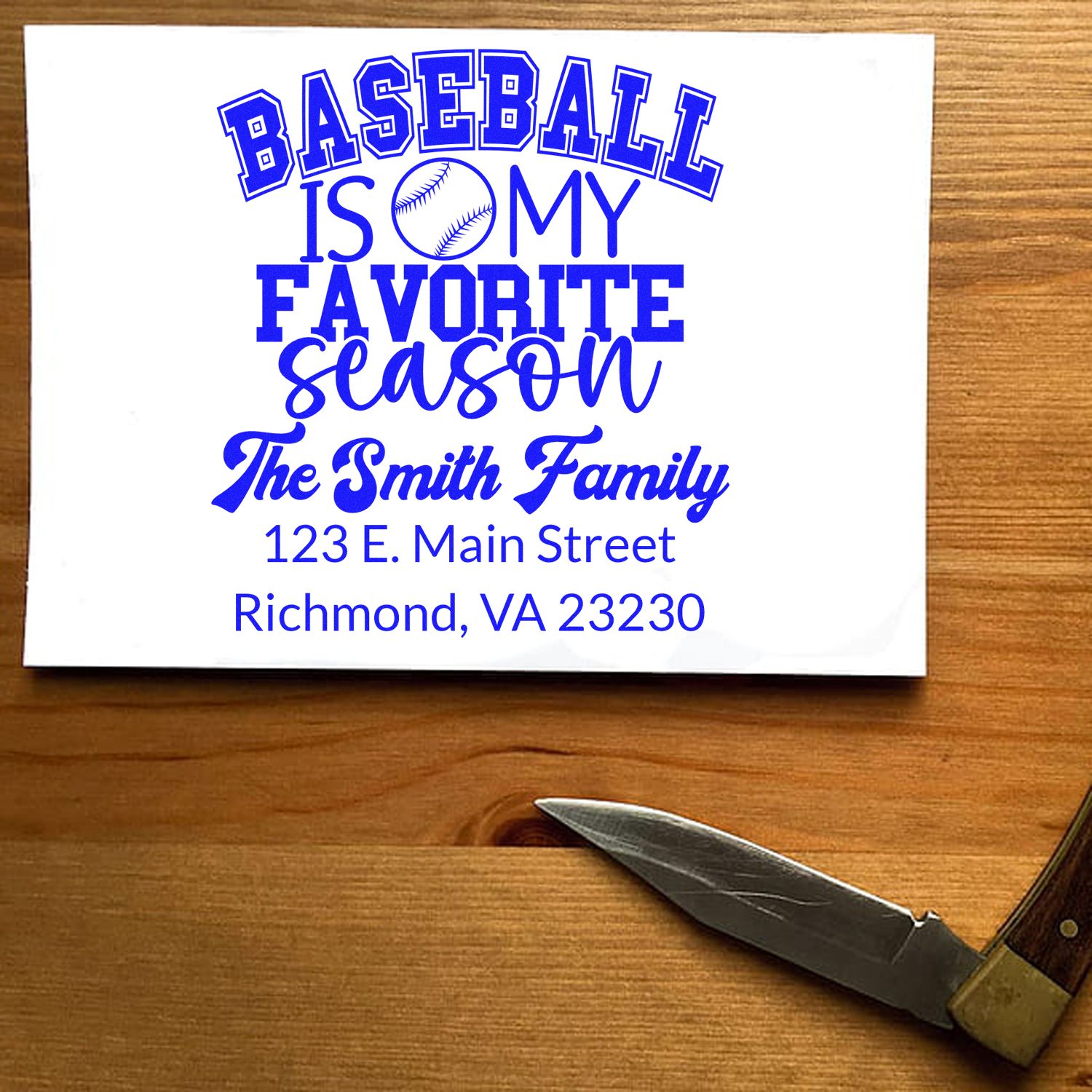 Custom baseball-themed family address rubber stamp with personalized name and Richmond, VA mailing address.