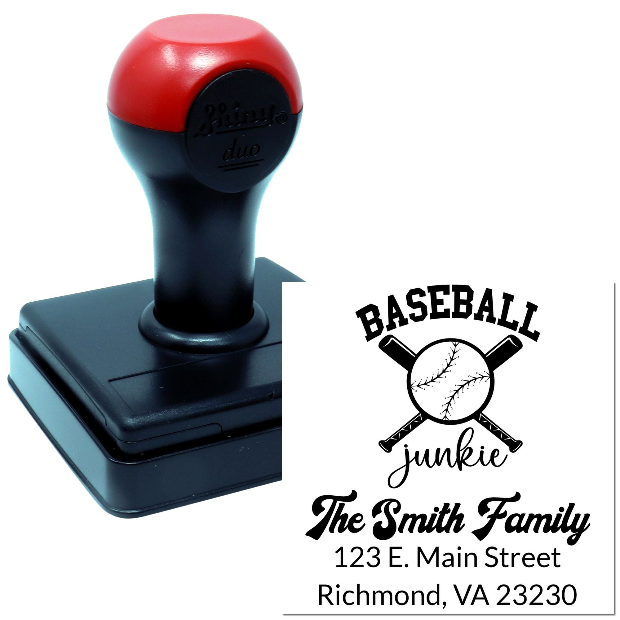 Custom baseball address rubber stamp, self-inking personalized family return address stamp for sports-themed mail.