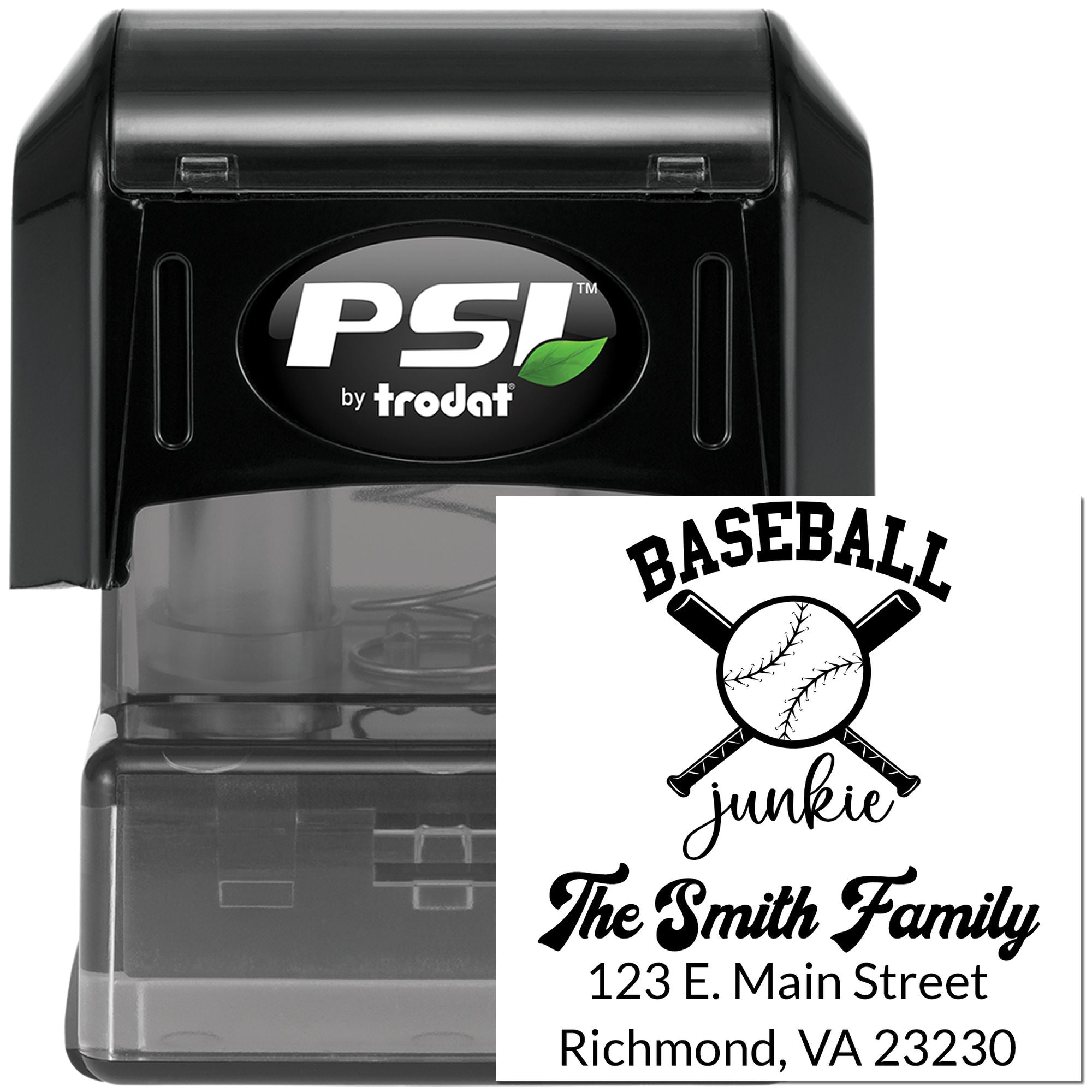 PSI by Trodat self-inking custom rubber stamp with baseball junkie family name and address design