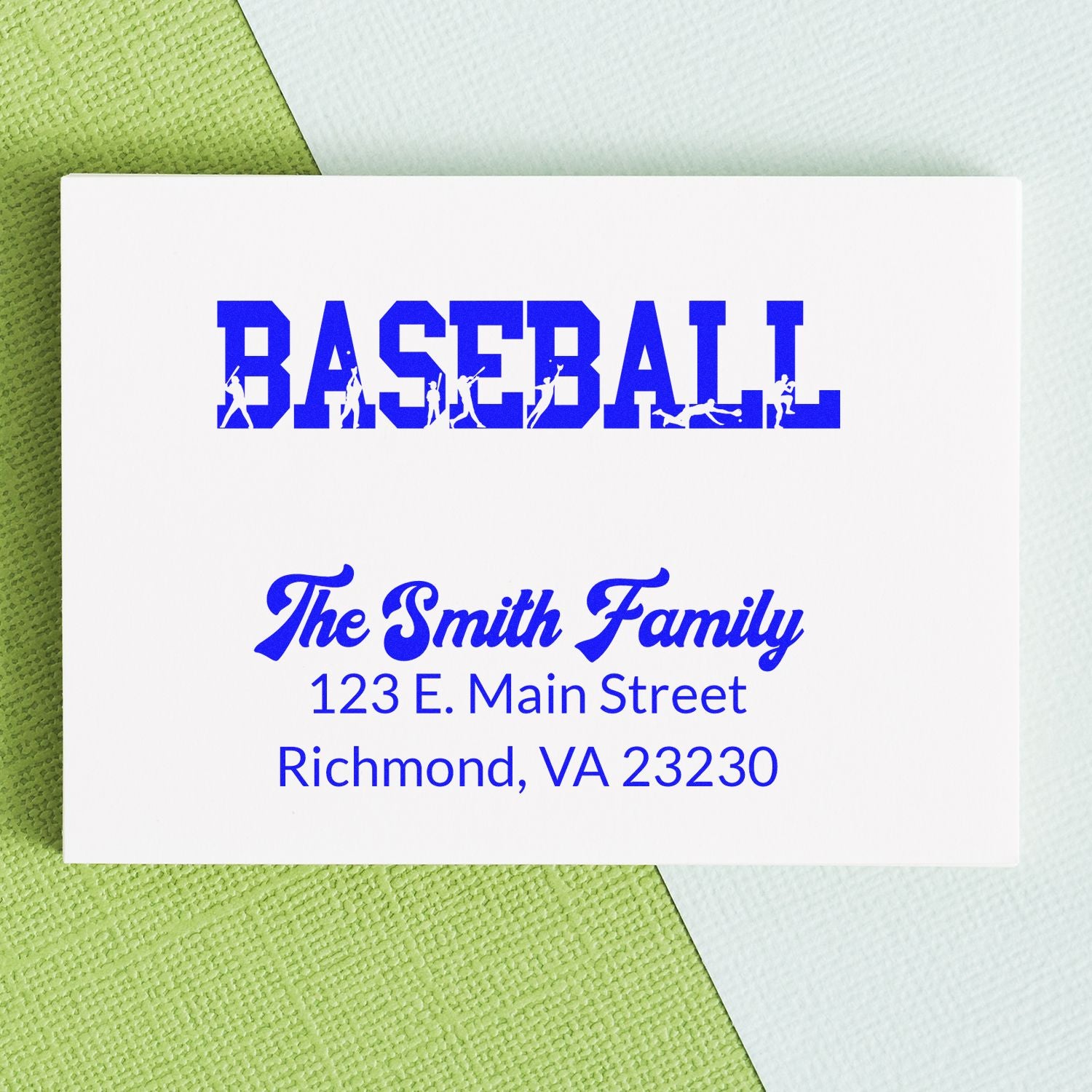 Personalized baseball-themed rubber stamp for The Smith Family return address, Richmond, VA 23230.