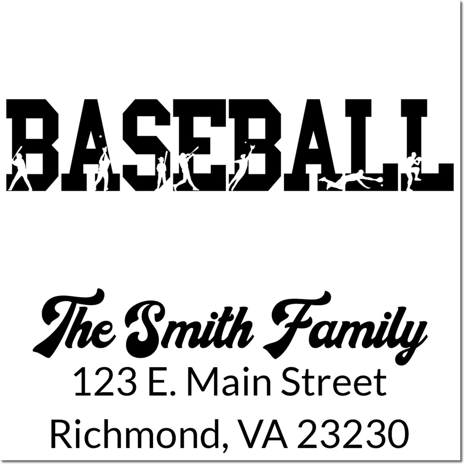 Custom rubber stamp designs: baseball-themed word art and personalized family return address stamp with Richmond, VA address.
