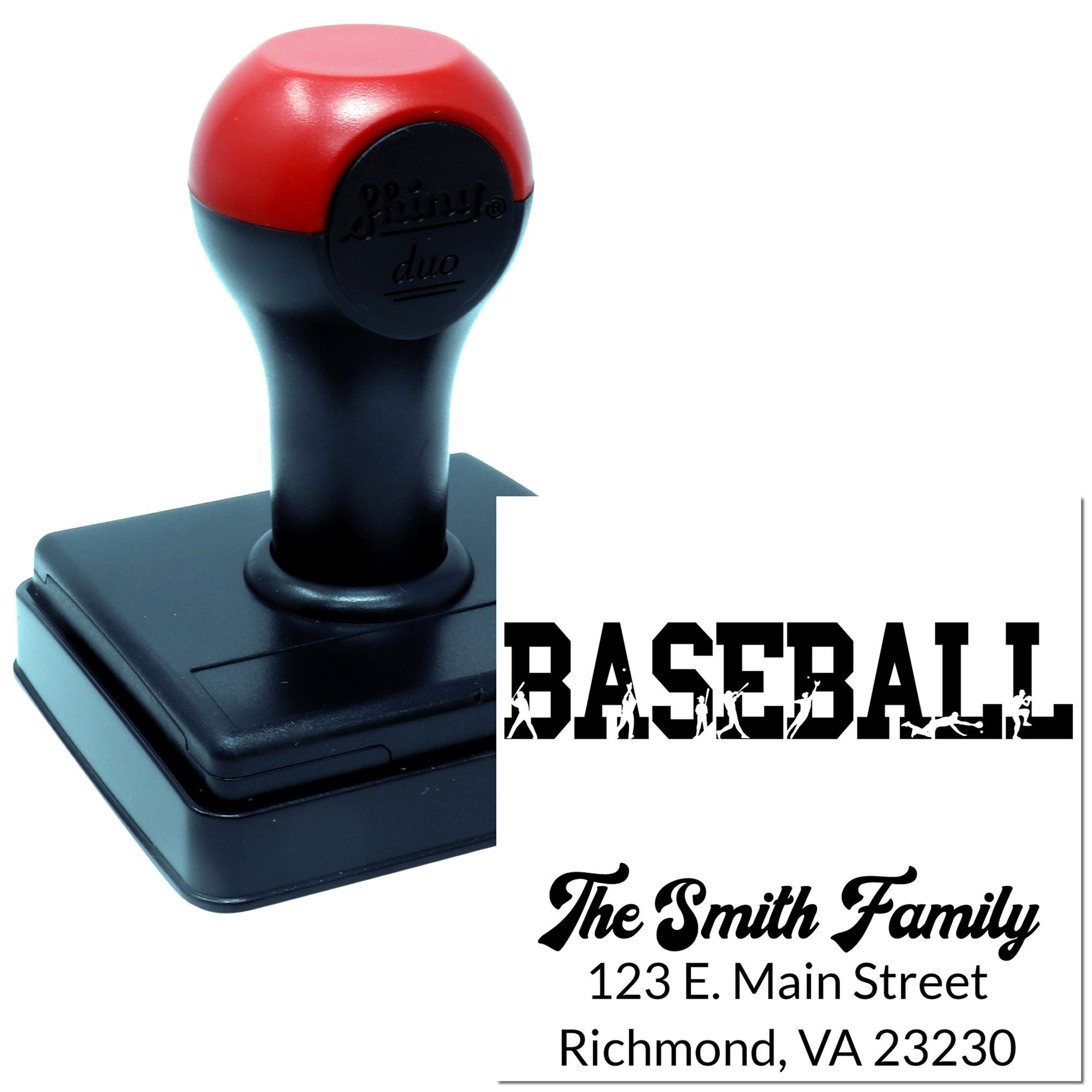 Personalized self-inking rubber stamp with baseball design and family address imprint examples