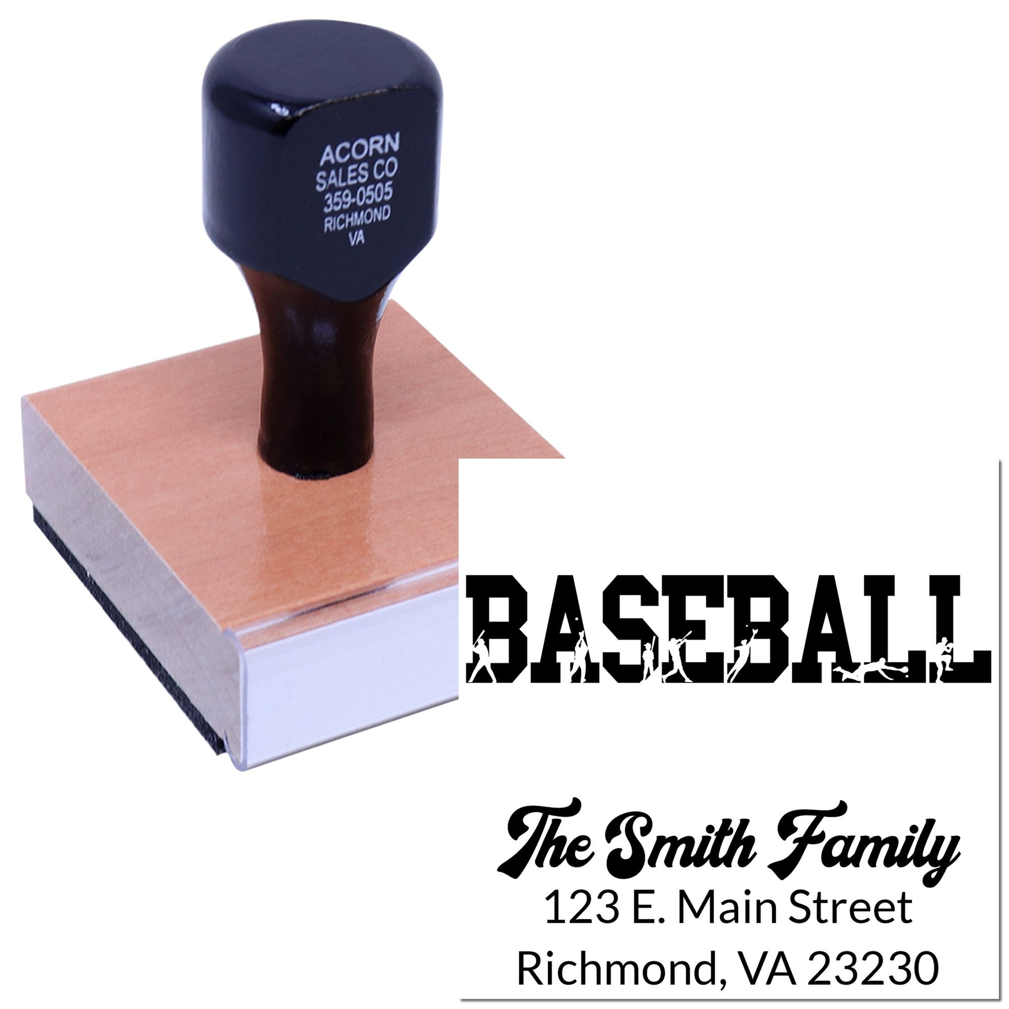 Custom rubber stamp showing business, baseball, and family address imprint examples for personalized self-inking use.