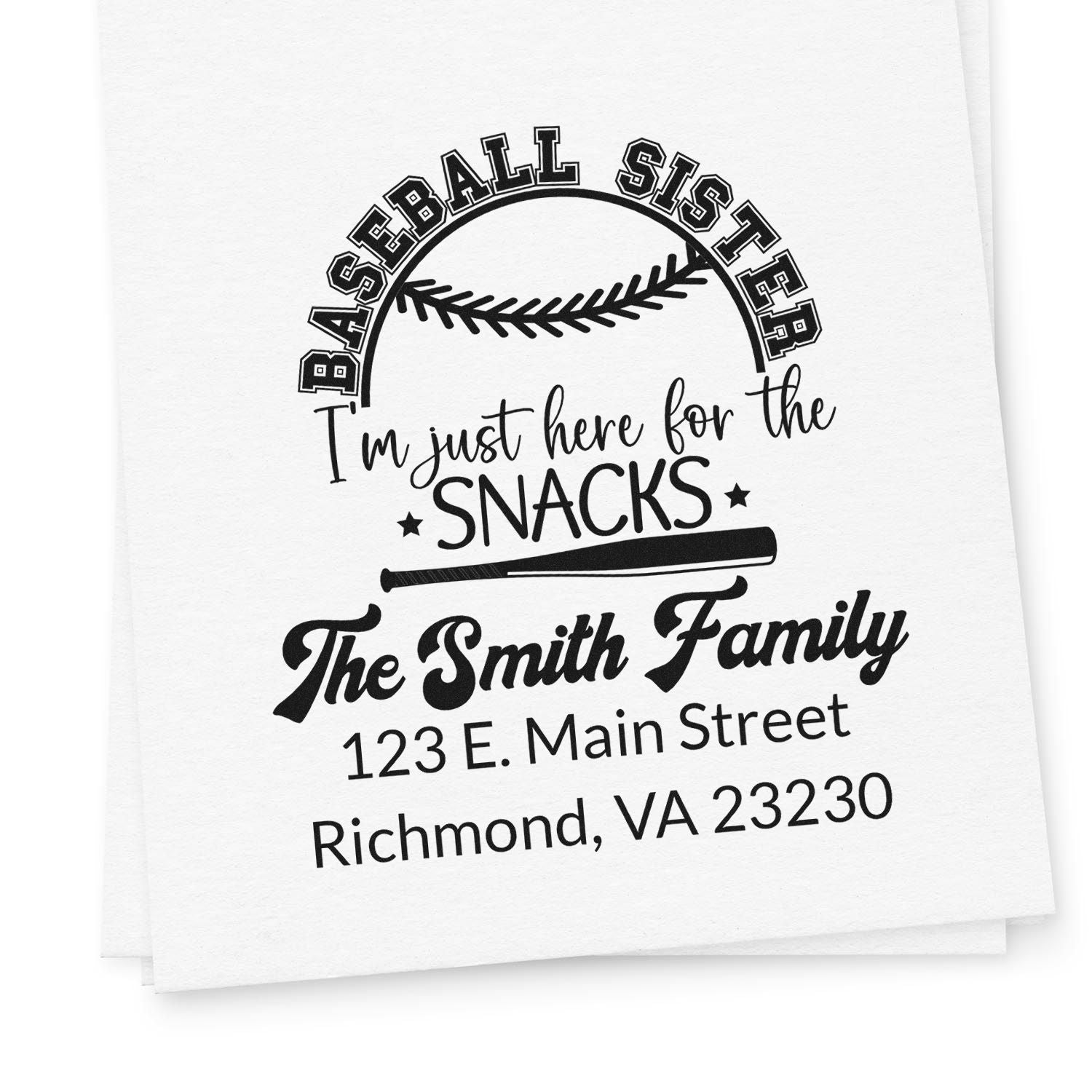 Custom baseball sister family return address rubber stamp with Im just here for the snacks design for personalized snack bags and mail