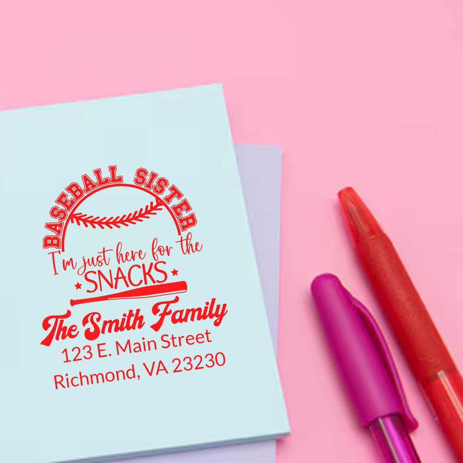 Personalized return address rubber stamp design for a baseball sister, featuring family name, address, and Im just here for the snacks.
