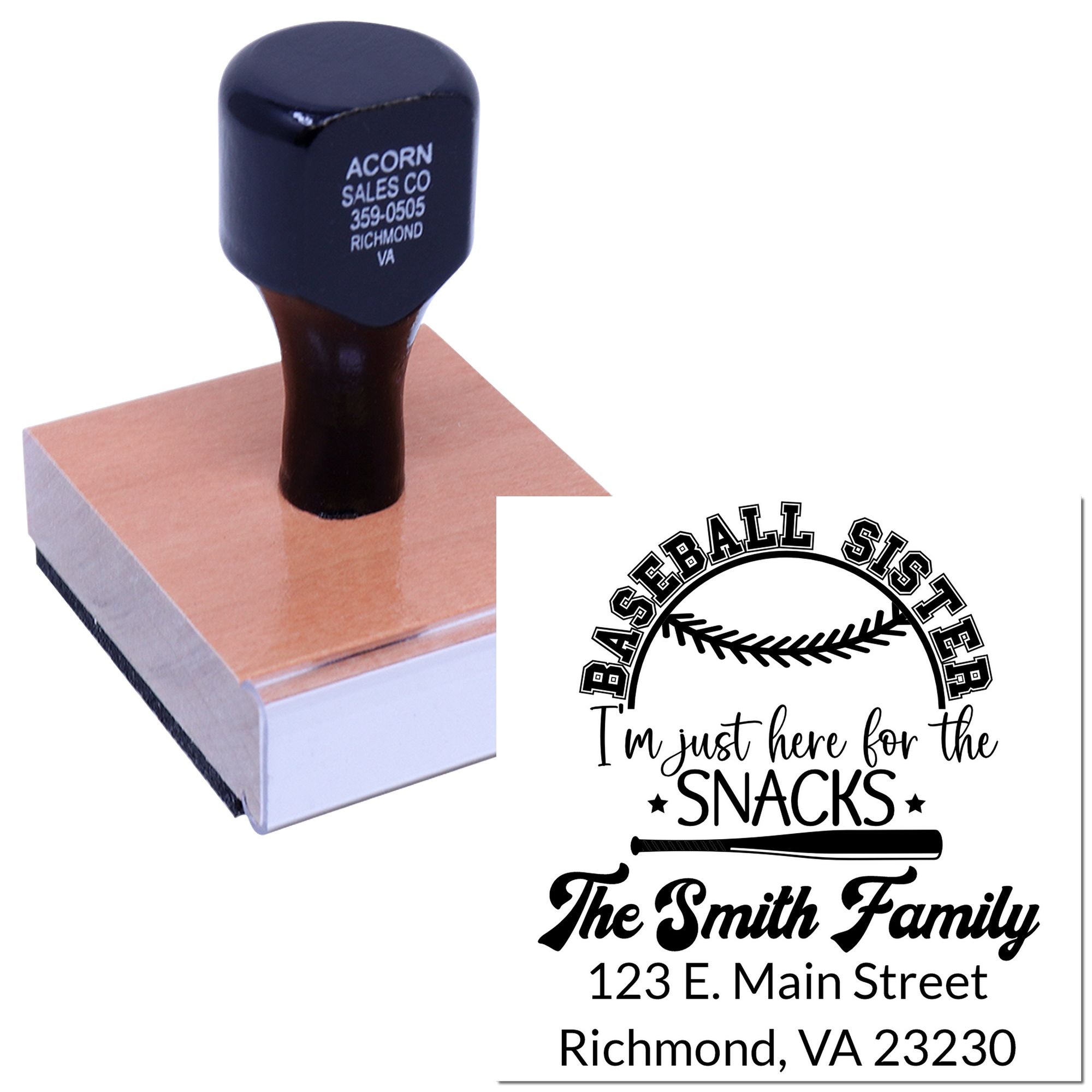 Custom baseball family address rubber stamp with "I'm just here for the snacks" design for personalized mailings.