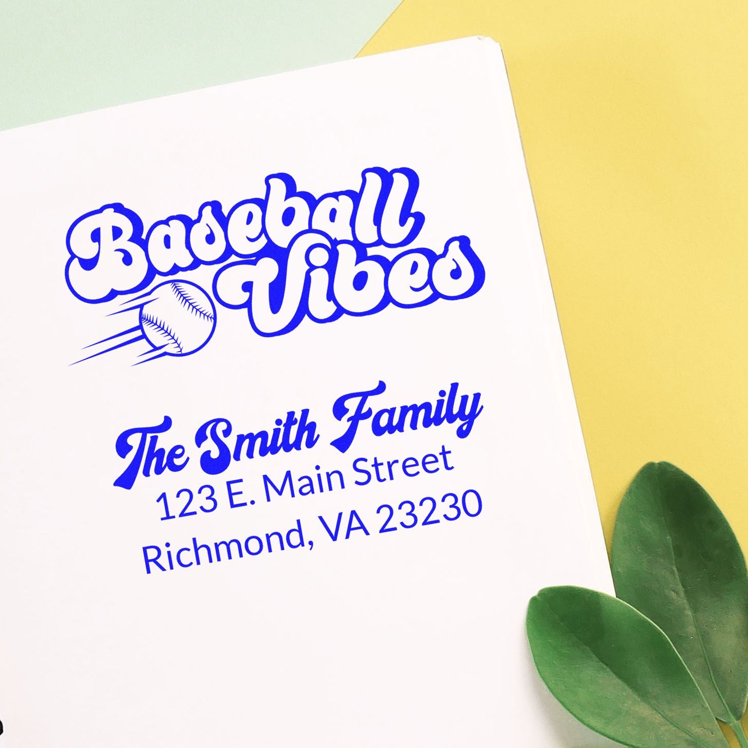 Custom baseball vibes address stamp with family name and address, perfect for personalized sports-themed envelopes.