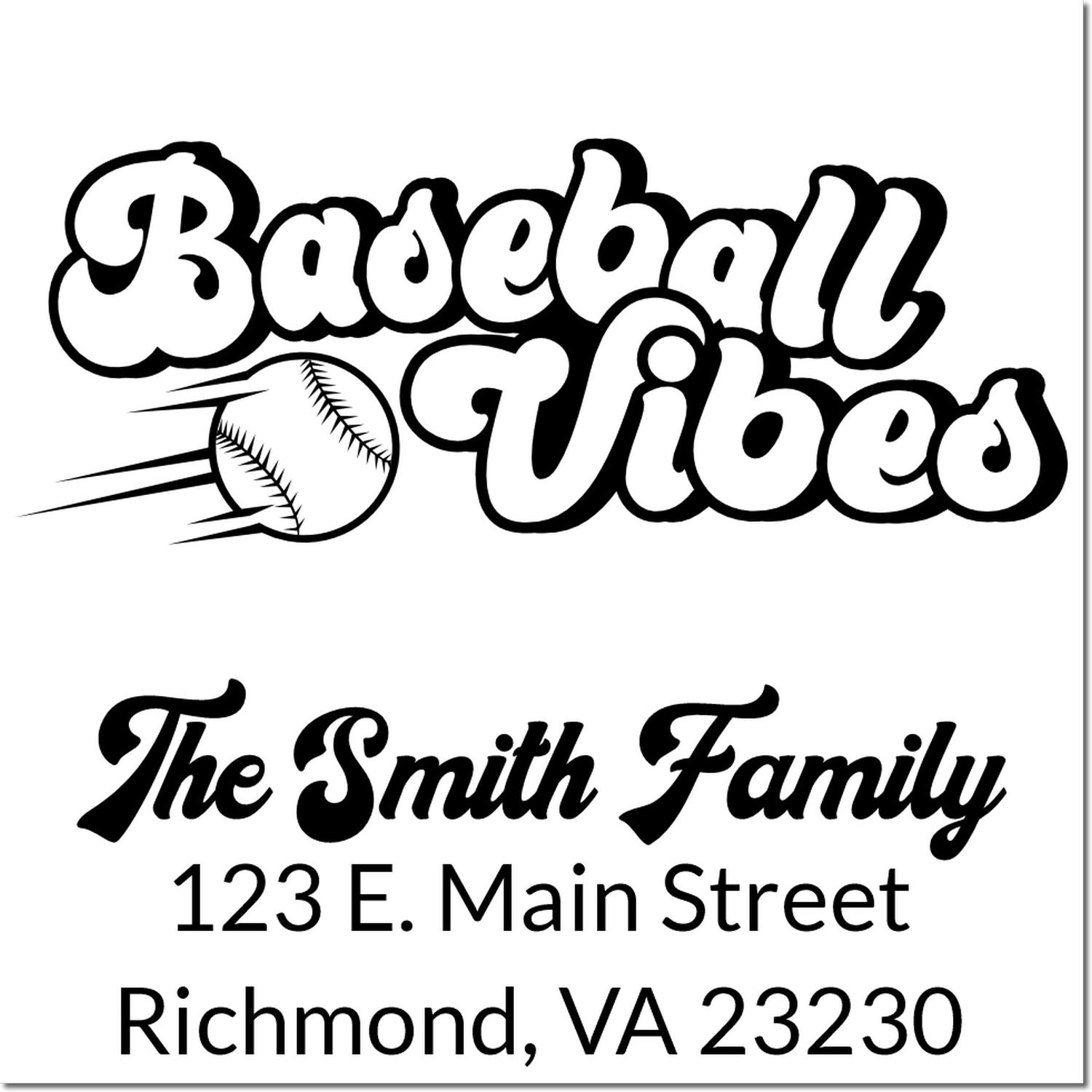 Custom rubber stamp designs: baseball vibes graphic and personalized return address stamp for The Smith Family, Richmond, VA 23230