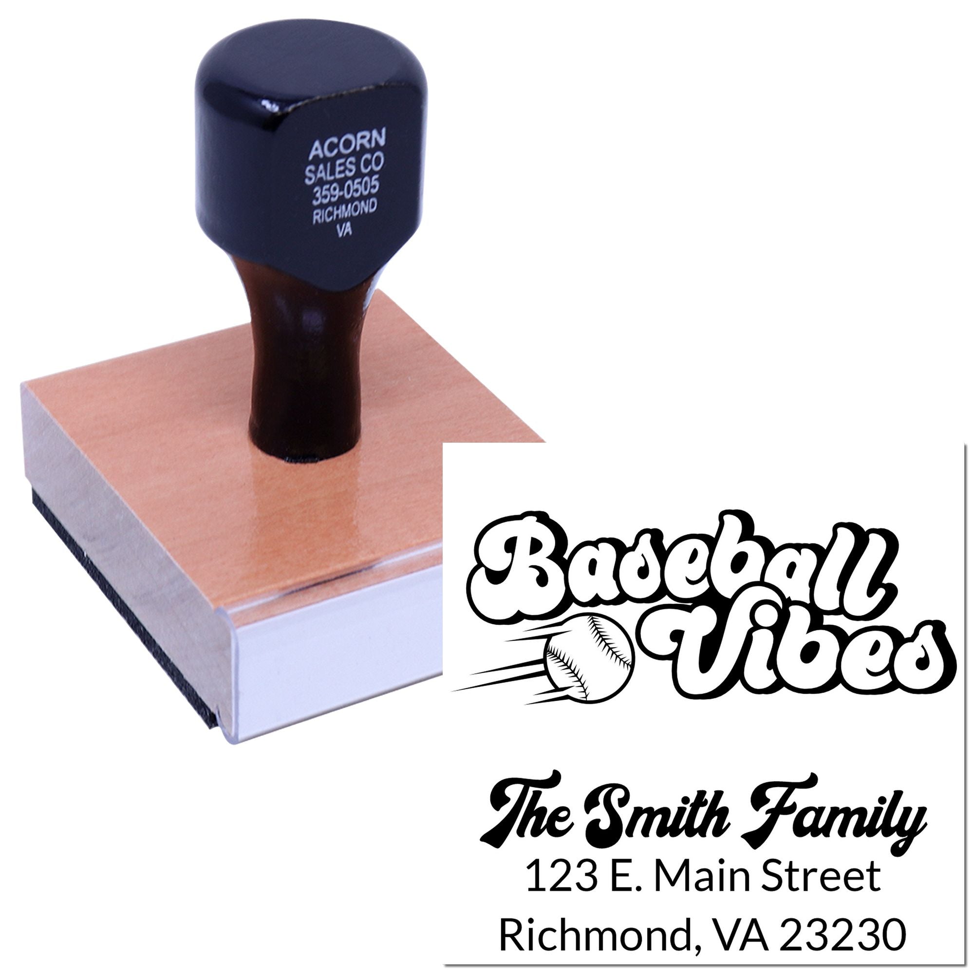 Custom self-inking rubber stamp with personalized baseball logo and return address design for family or business use.
