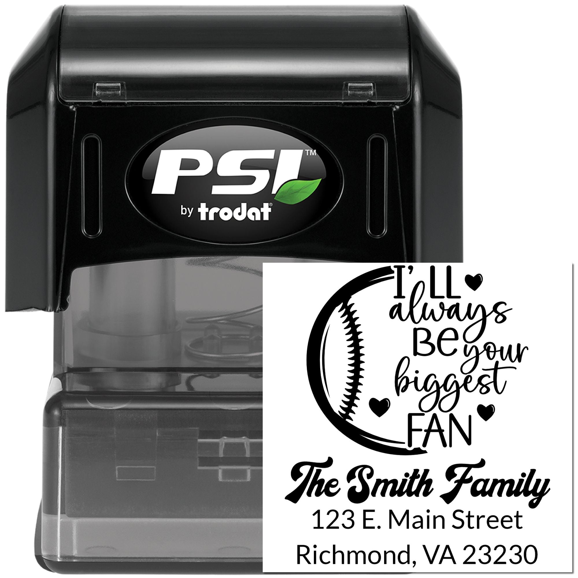 PSI by Trodat self-inking rubber stamp with custom baseball fan family address design for personalized return addressing