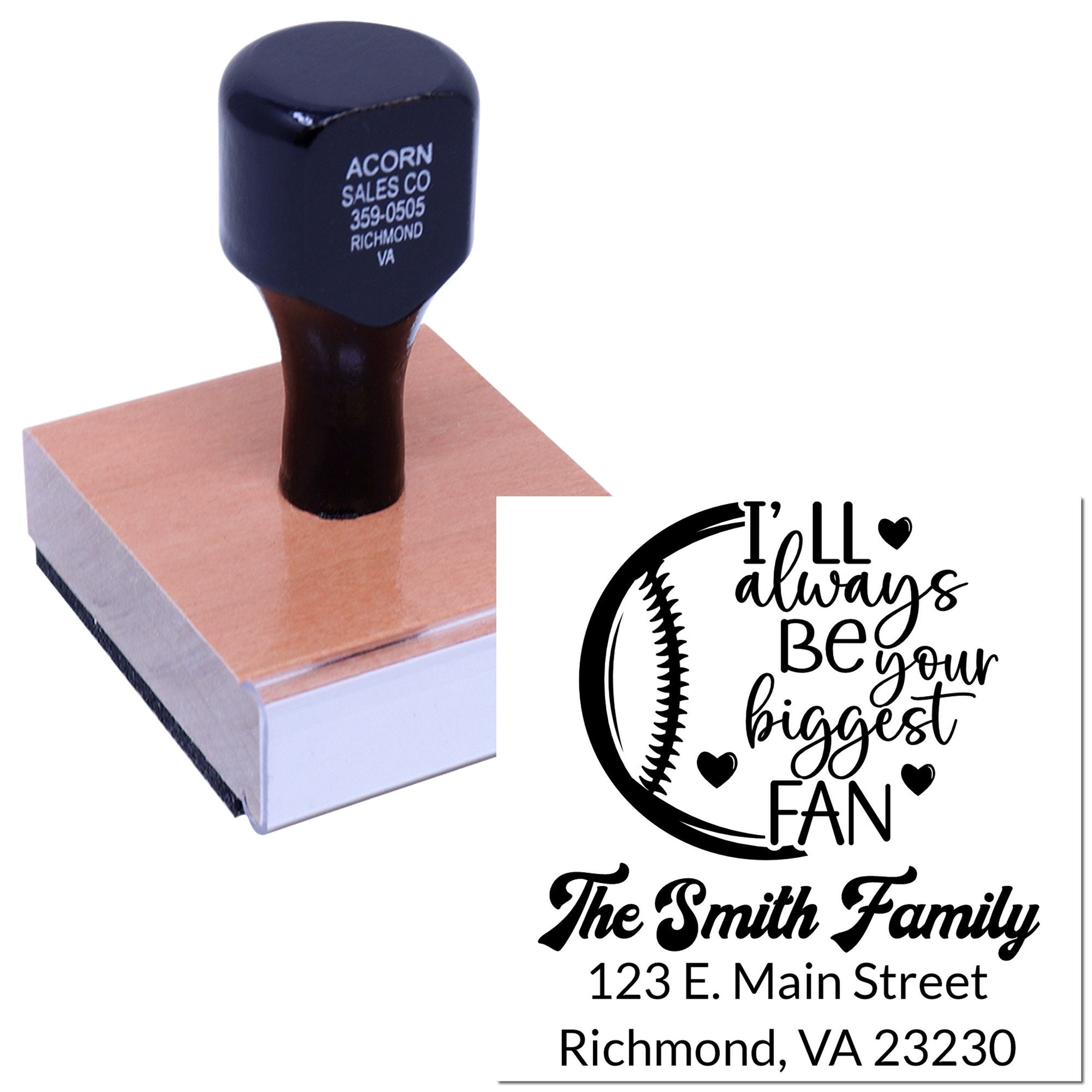 Custom self-inking rubber stamp with baseball fan design, family name, and return address for mail, cards, and gifts.