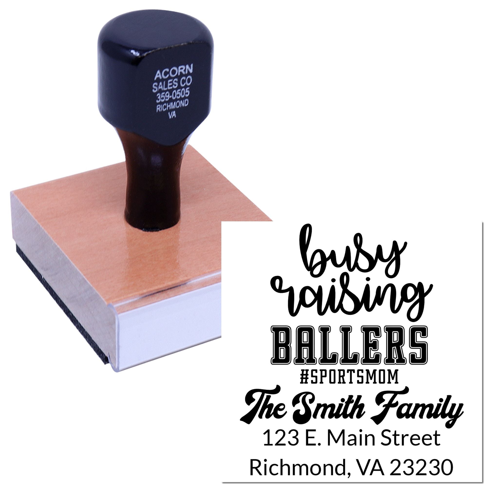 Custom rubber stamp showing personalized family address and sports mom design for mailing, branding, or gifts