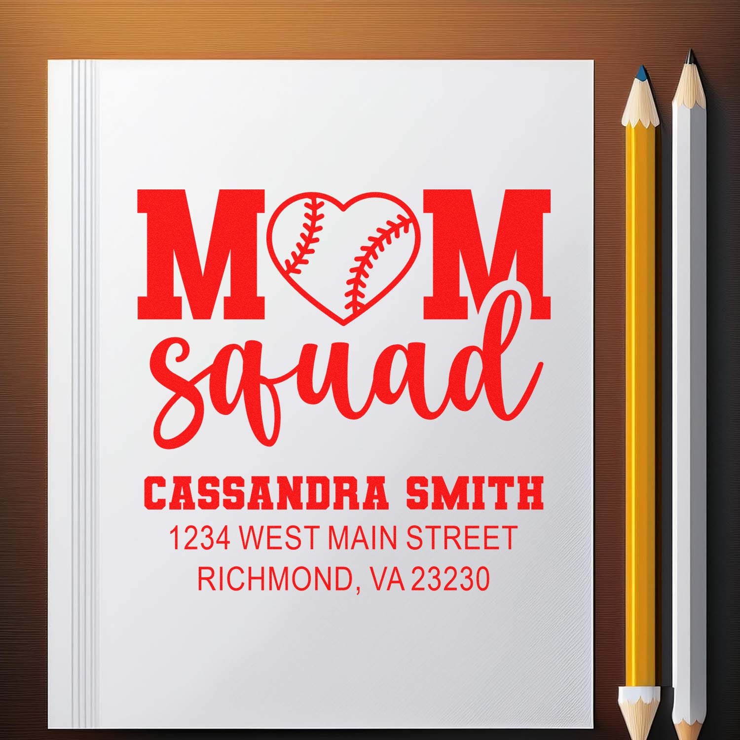 Custom Mom Squad rubber stamp with baseball heart design, personalized with Cassandra Smith name and Richmond, VA address.