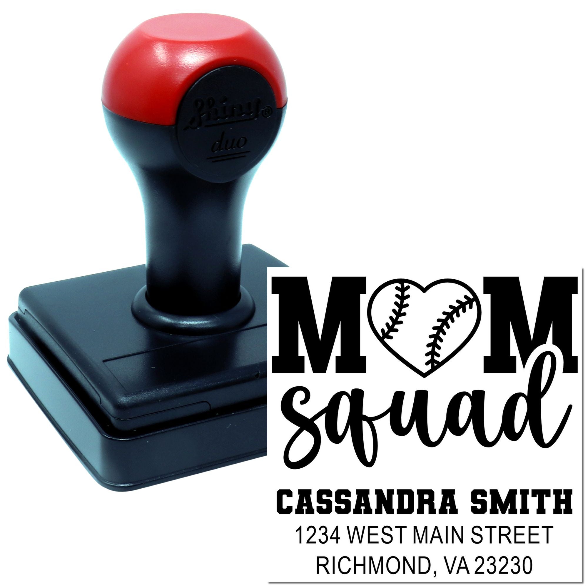 Custom self-inking rubber stamp with Mom Squad baseball design and personalized name and address imprint.