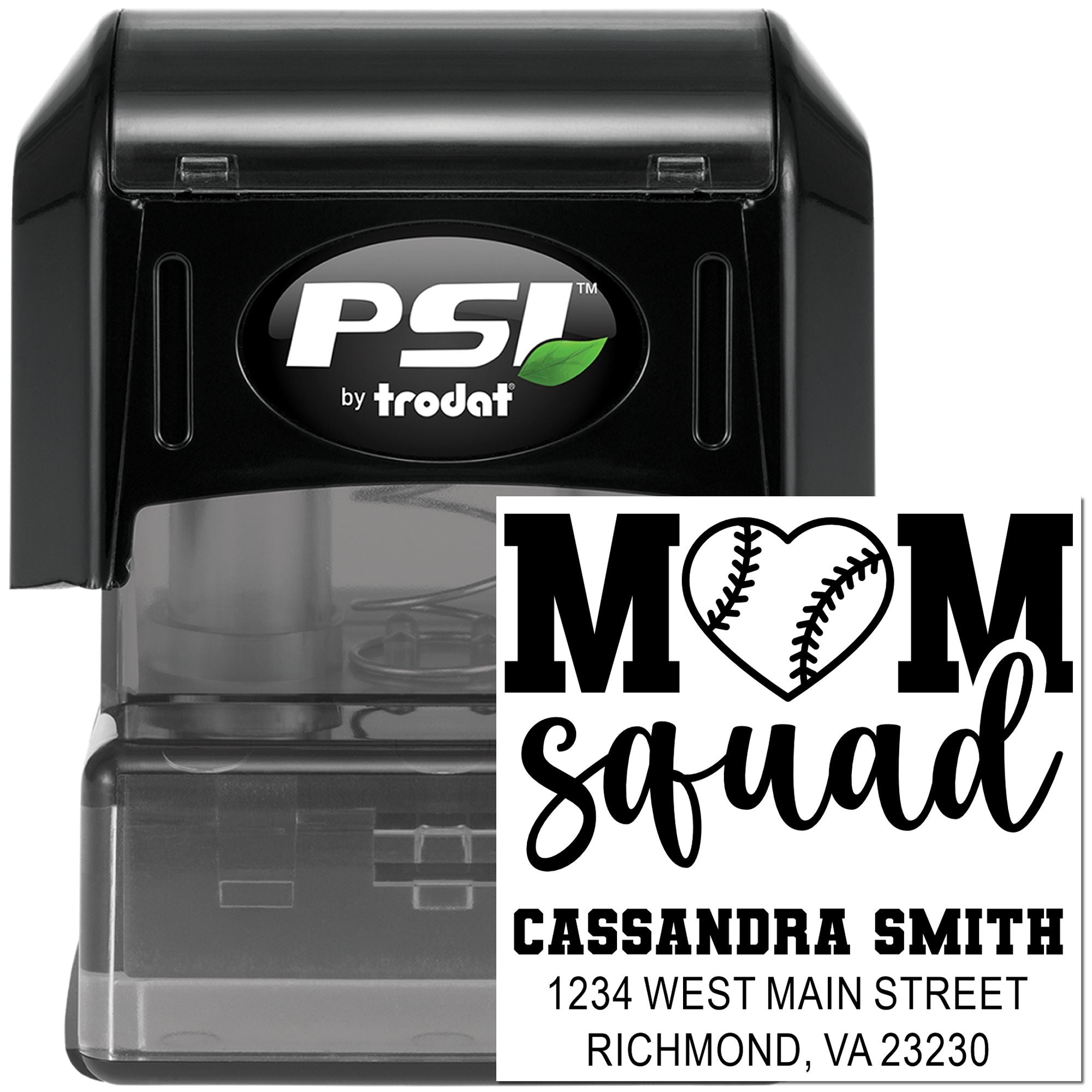 Custom self-inking rubber address stamp with Mom Squad baseball design by PSI by Trodat.