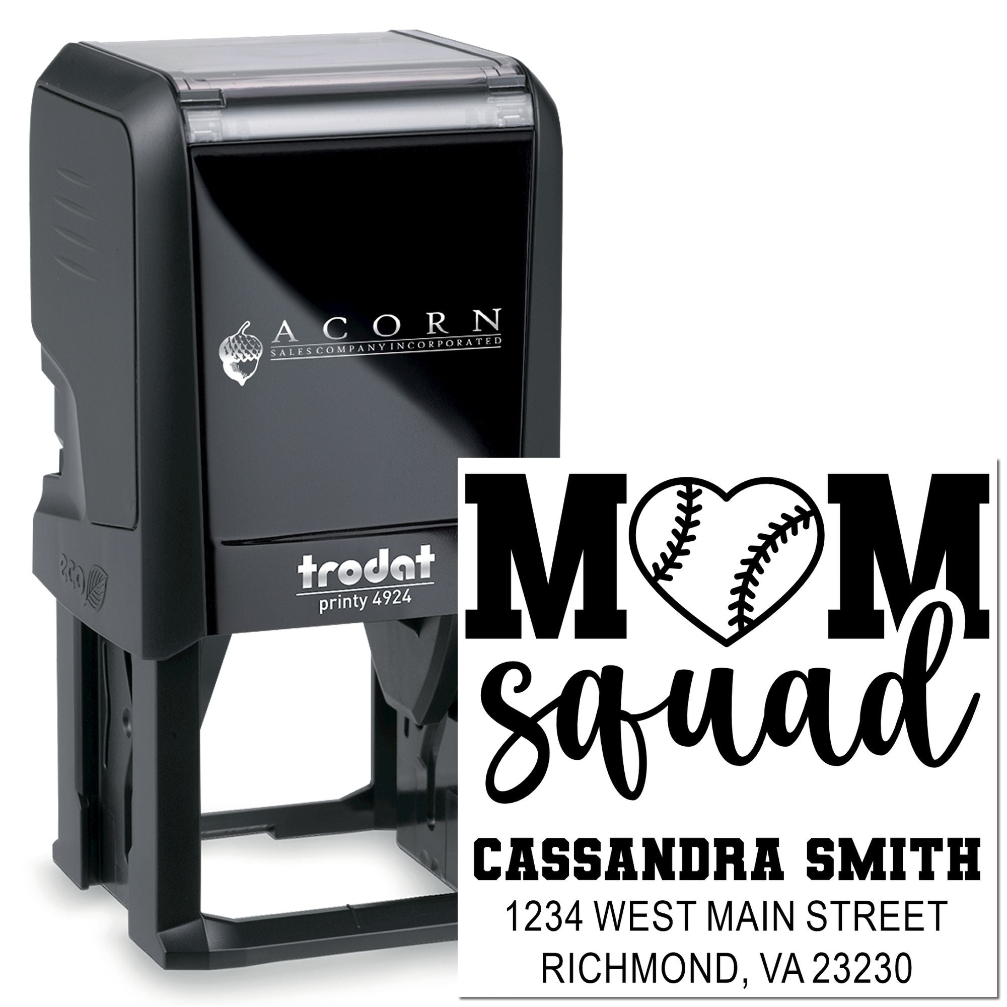 Custom self-inking rubber stamp for Mom Squad, featuring name and return address for personalized mailing.