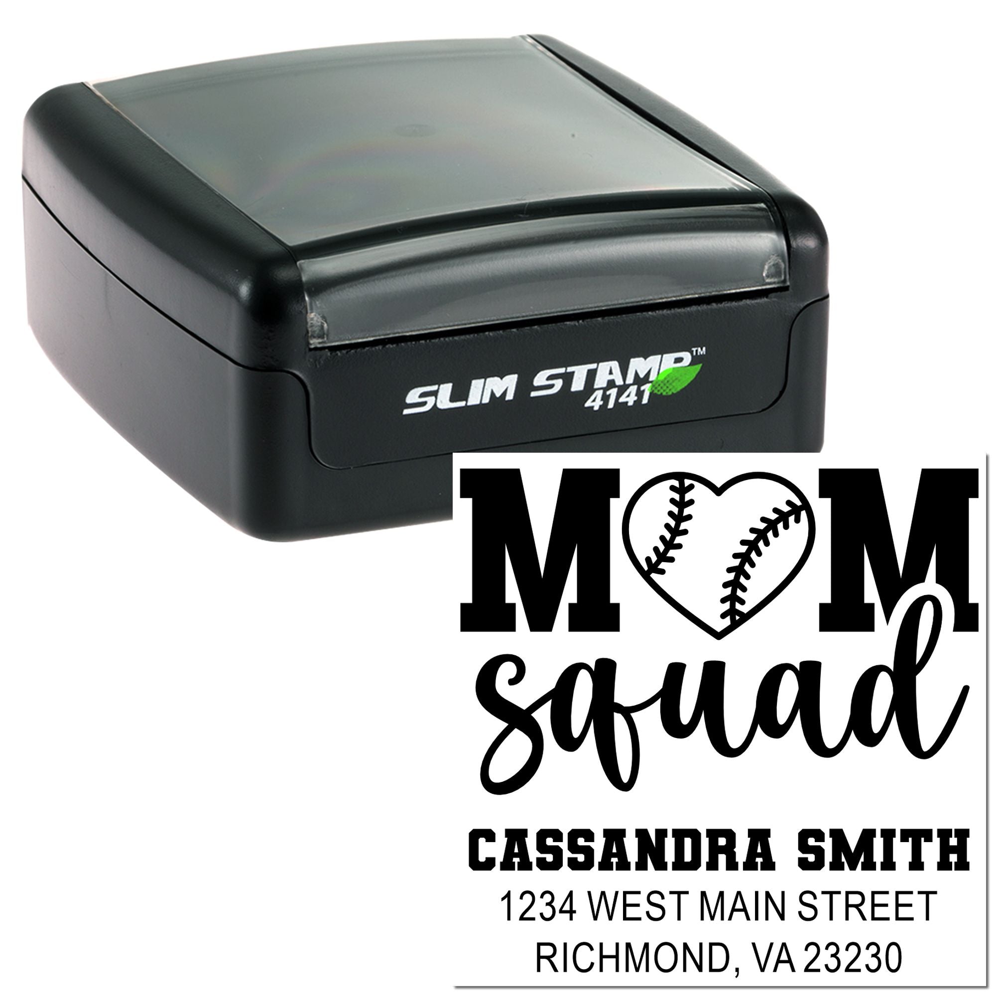 Custom self-inking rubber stamp with Mom Squad baseball design, name, and return address personalization.