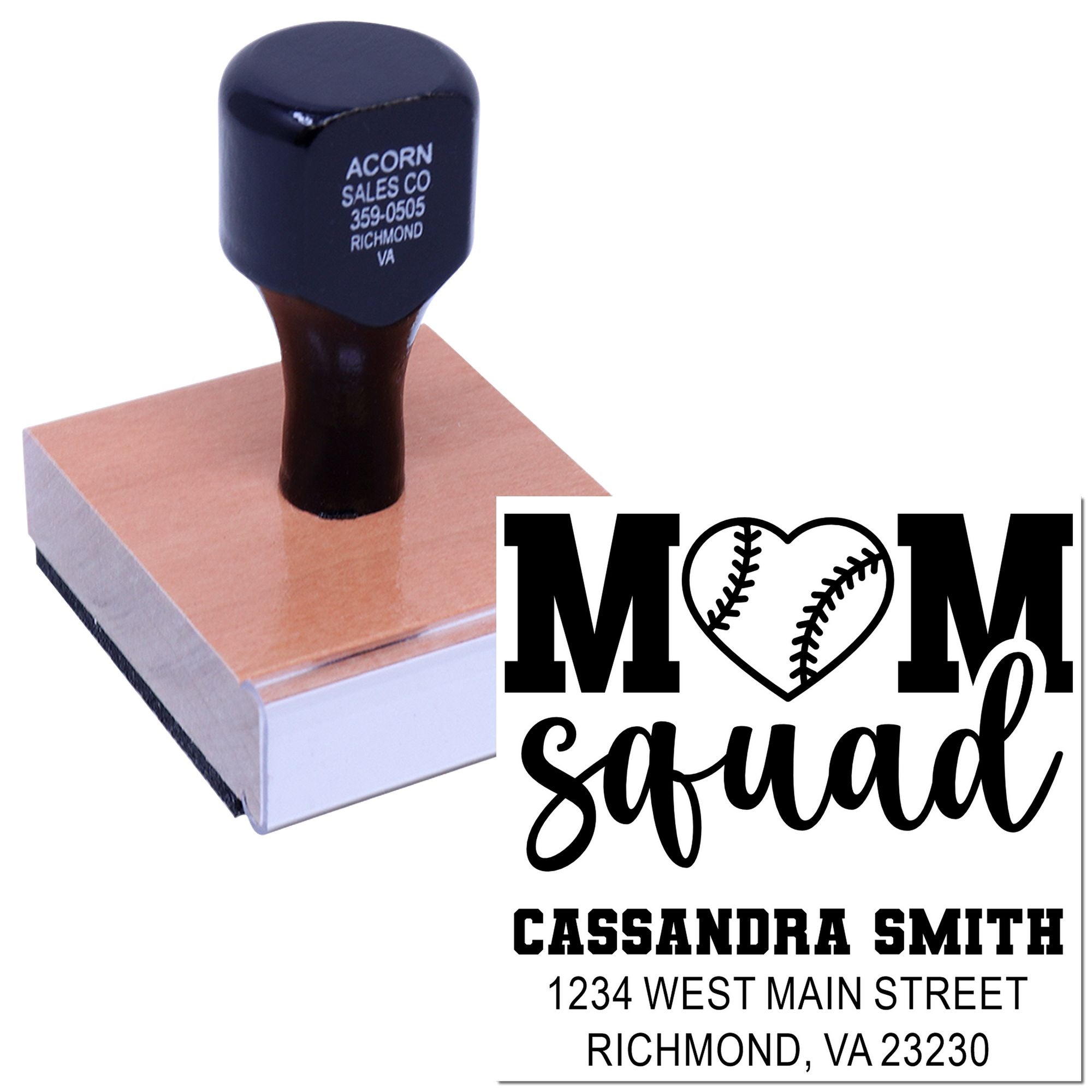 Personalized address rubber stamp with Mom Squad baseball design for custom stationery and return mail.