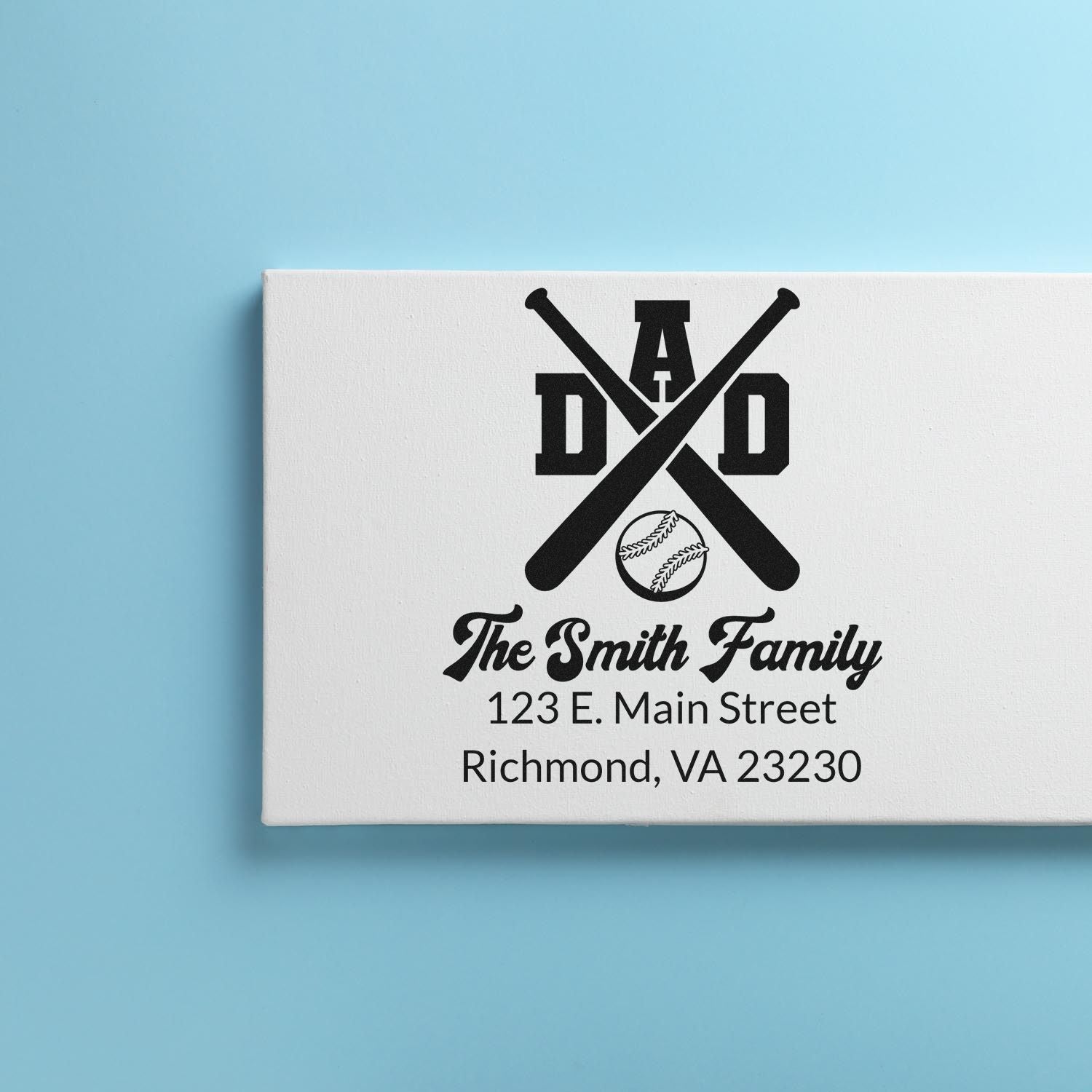 Personalized baseball-themed family return address rubber stamp with crossed bats, The Smith Family, Richmond, VA