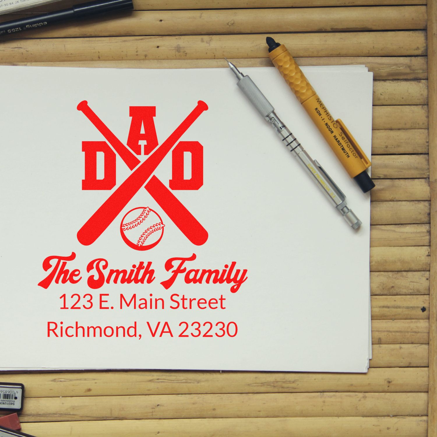Personalized baseball family return address rubber stamp proof with The Smith Family and Richmond, VA address