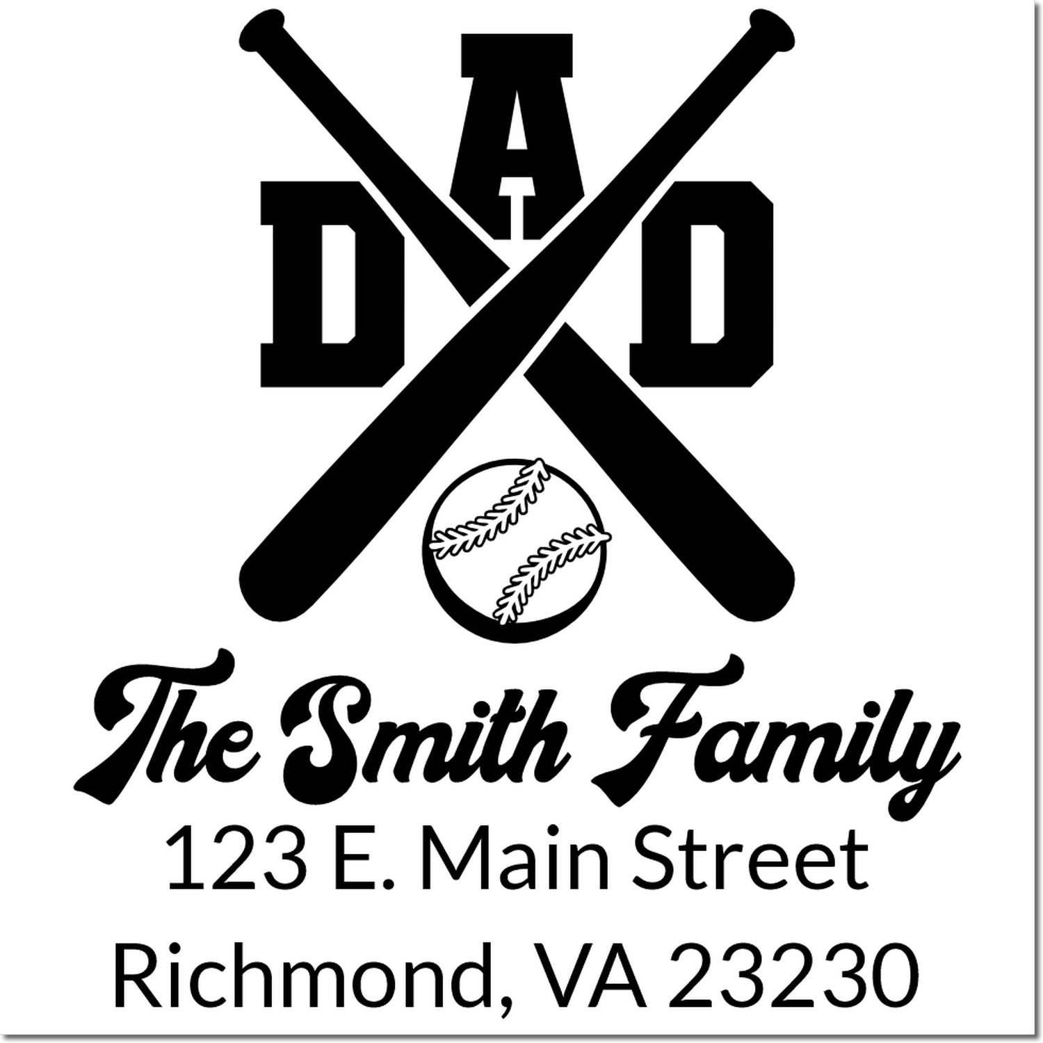 Custom baseball monogram return address rubber stamp for The Smith Family, 123 E. Main St., Richmond, VA 23230.