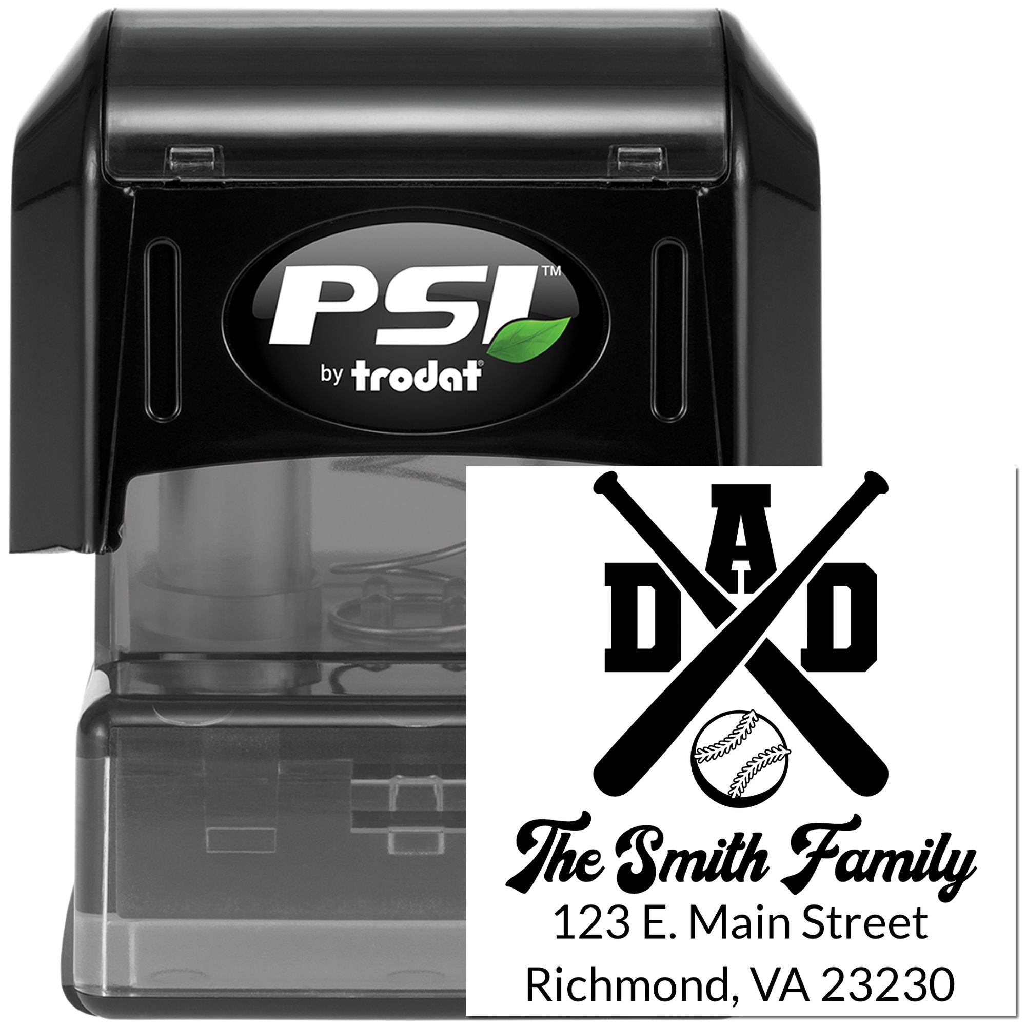 Custom self-inking rubber stamp for baseball family address labels, featuring The Smith Family and Richmond, VA.