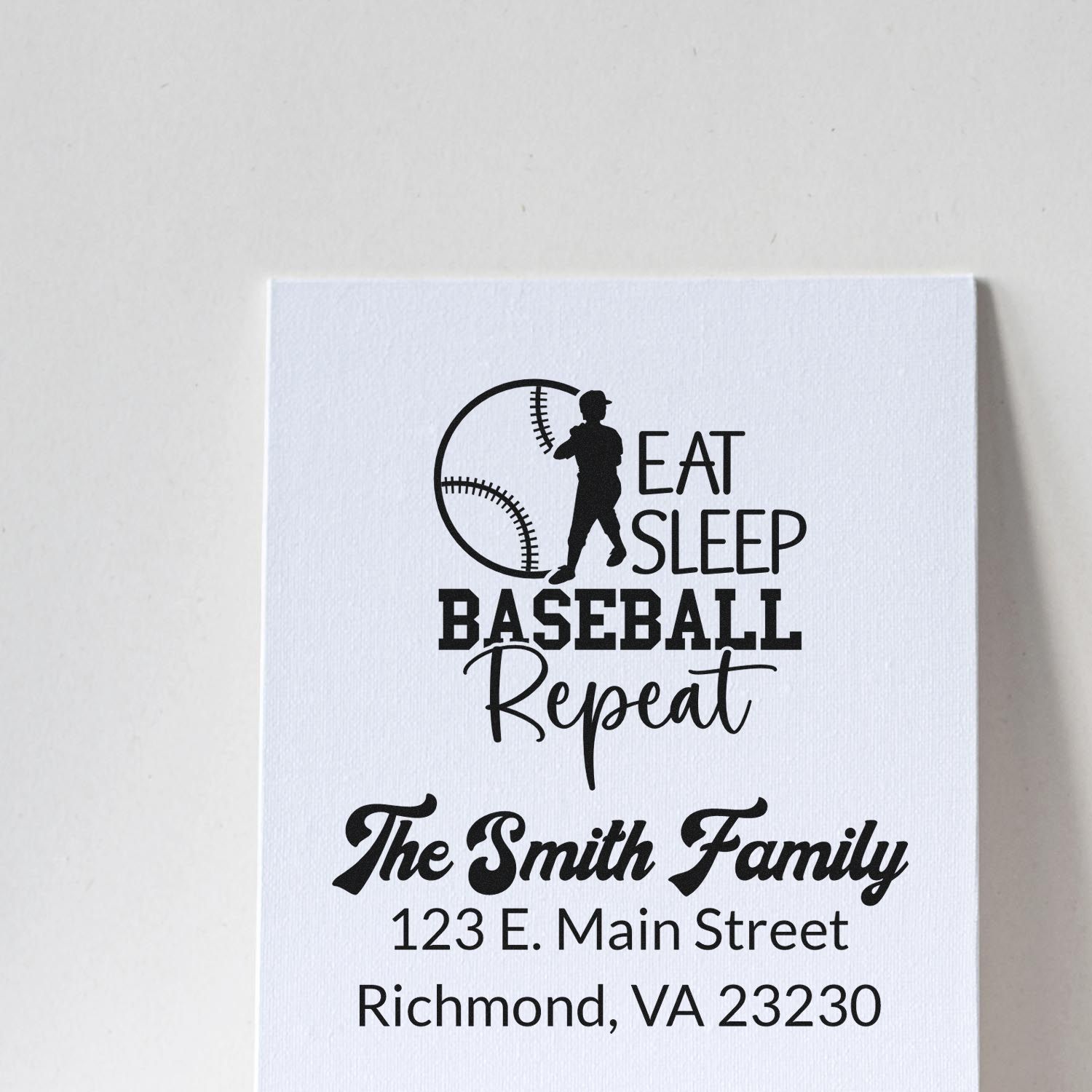 Custom baseball return address rubber stamp with Eat Sleep Baseball Repeat design for The Smith Family, Richmond VA.