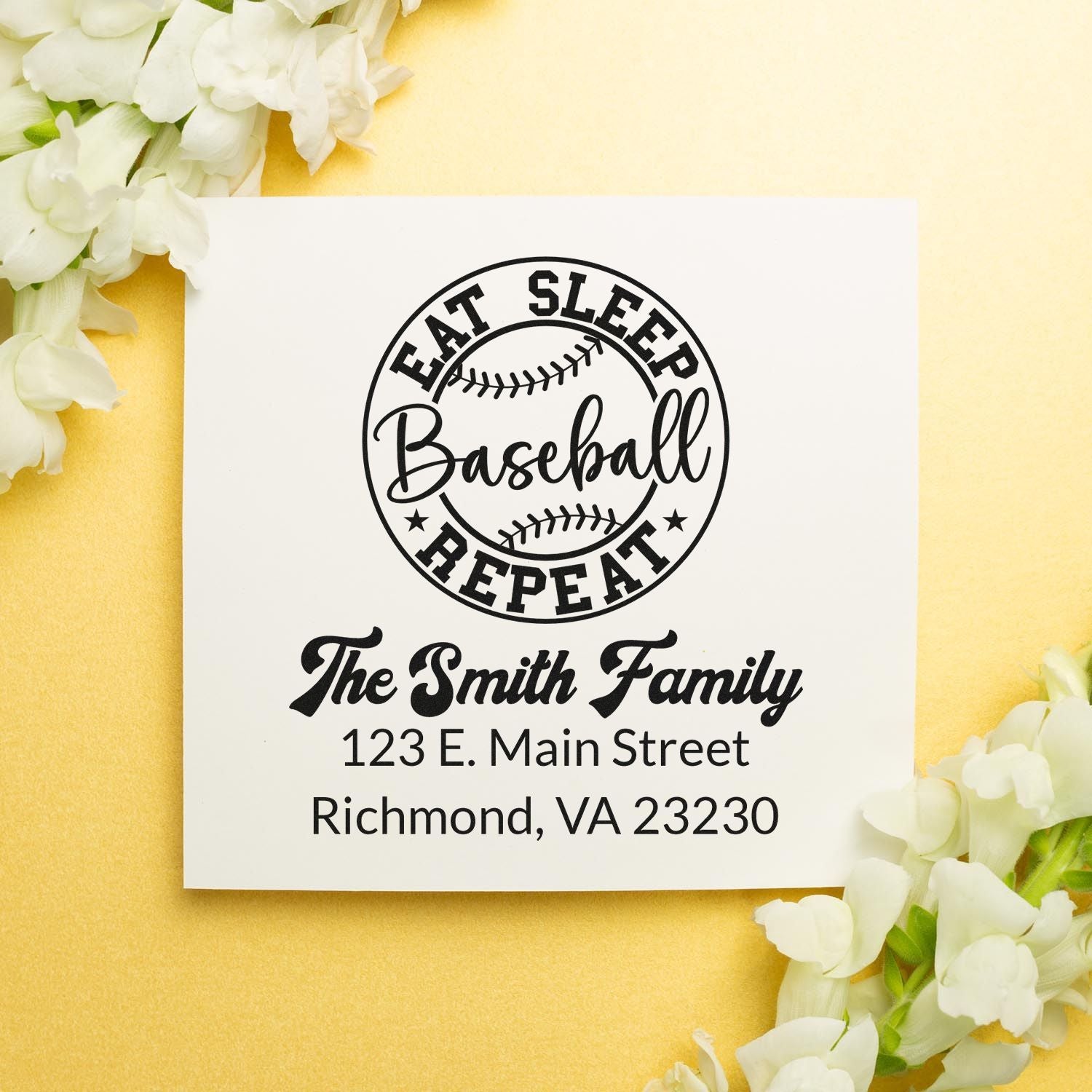 Custom baseball return address rubber stamp for The Smith Family with Eat Sleep Baseball Repeat design and Richmond, VA address.