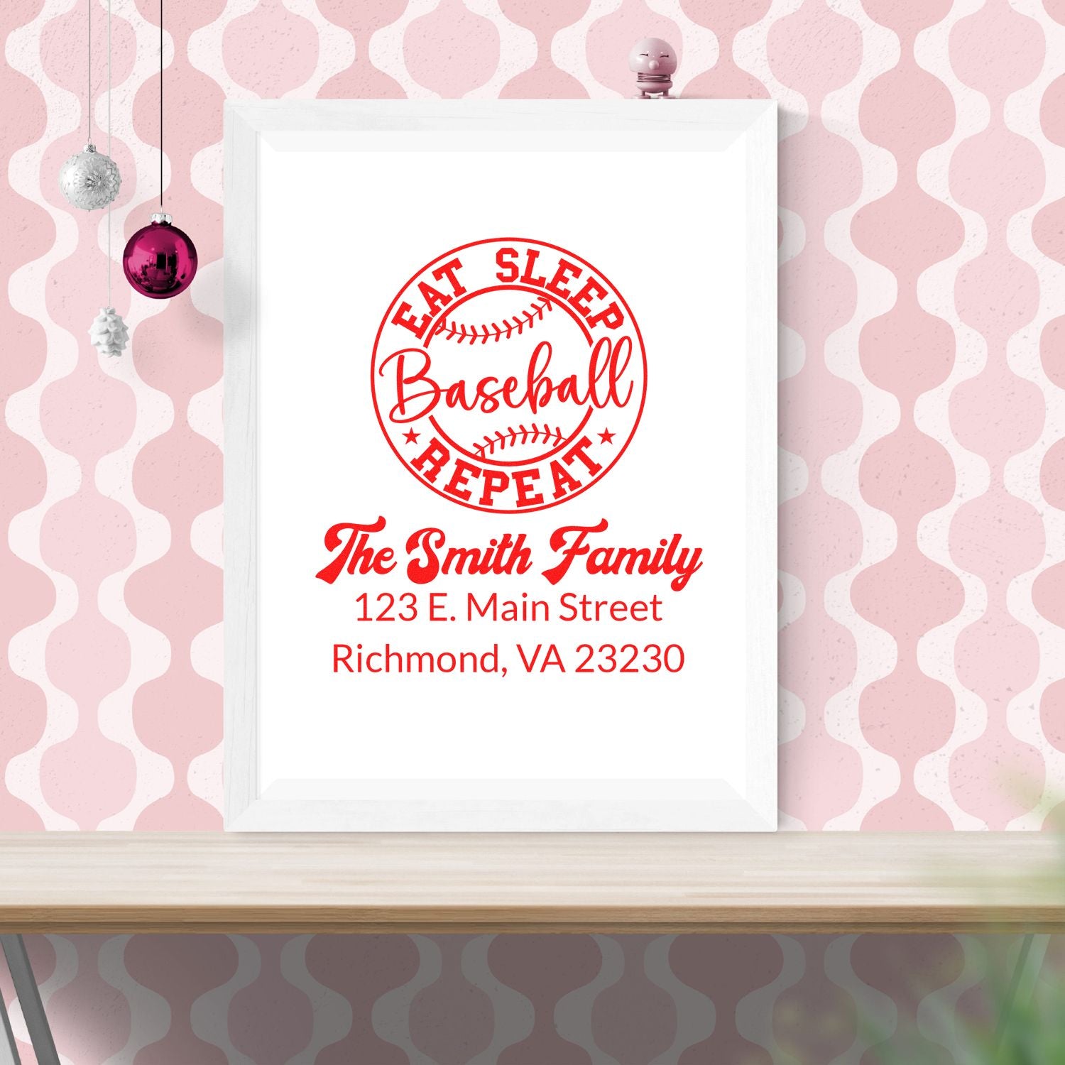 Custom baseball rubber stamp design with Eat Sleep Baseball Repeat and personalized family name and return address.