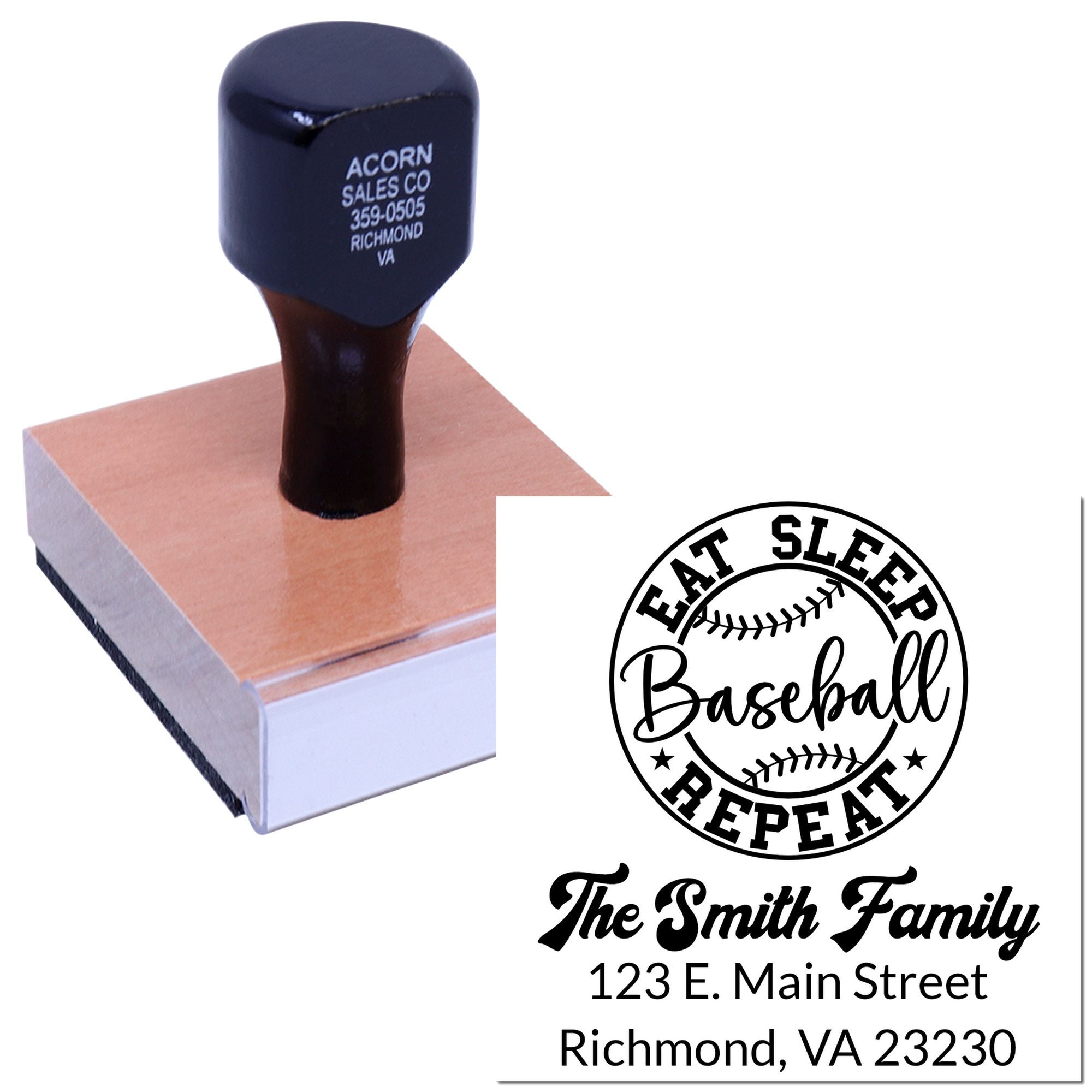Custom baseball return address rubber stamp for The Smith Family with Eat Sleep Baseball Repeat design and Richmond, VA address.