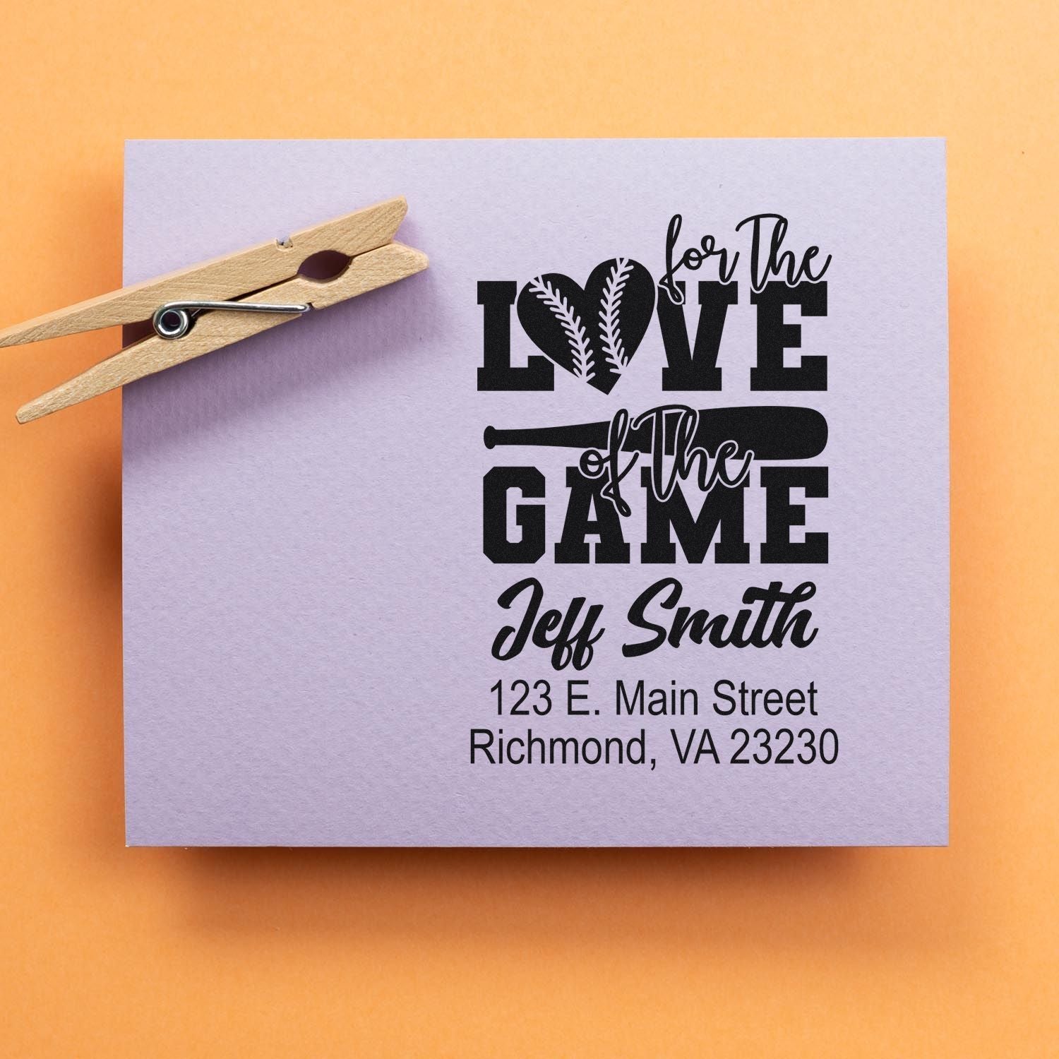 Custom baseball rubber stamp design with For the Love of the Game, personalized name, and address for team branding.