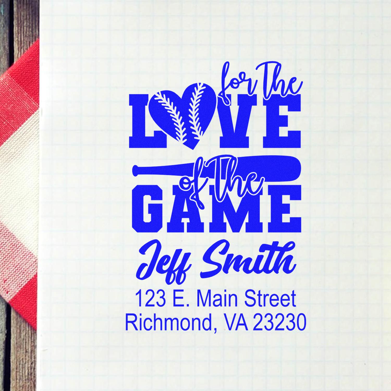 Personalized baseball rubber stamp design saying for the love of the game with Jeff Smith name and Richmond, VA address.