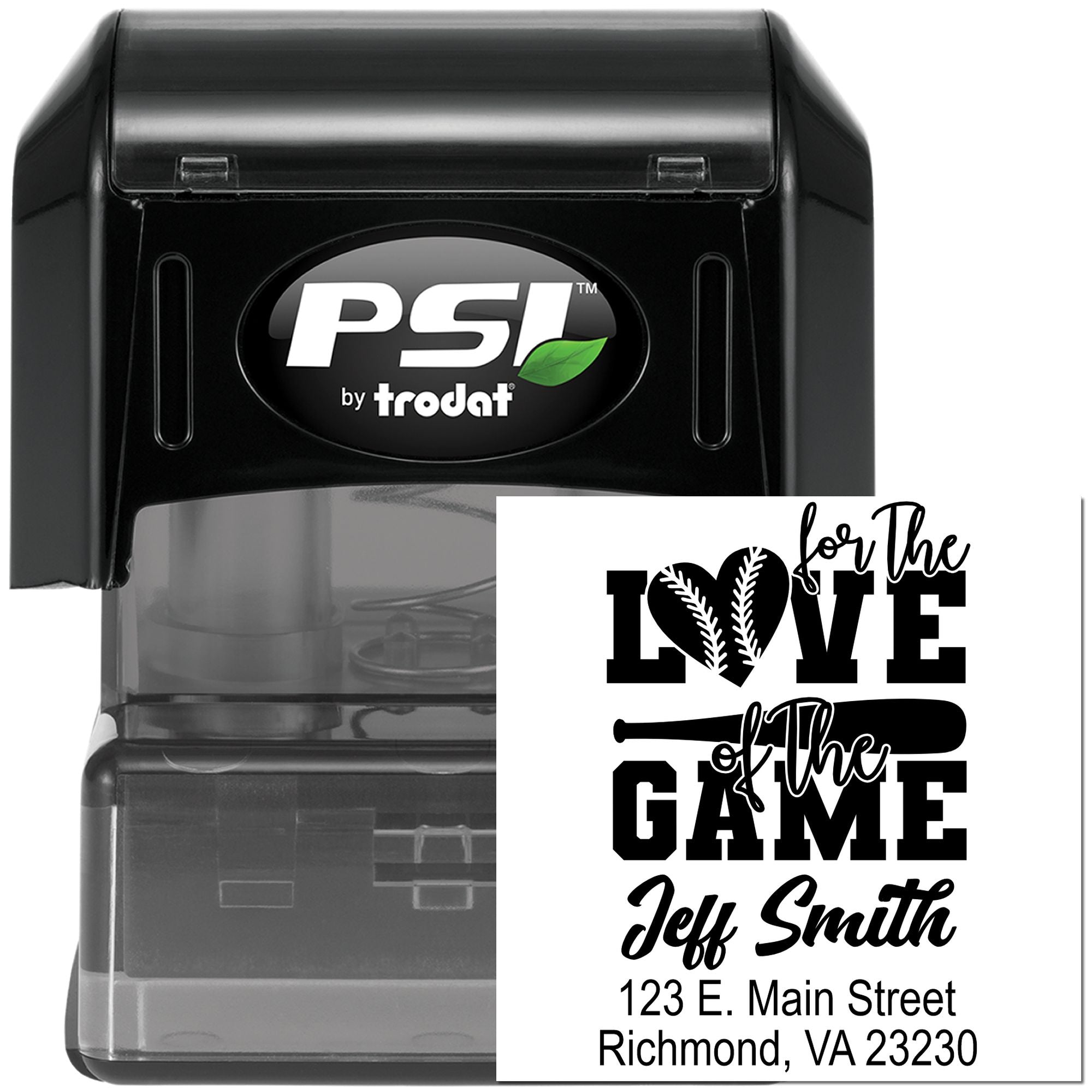 Personalized self-inking rubber stamp with baseball-themed For the Love of the Game custom name and address imprint.