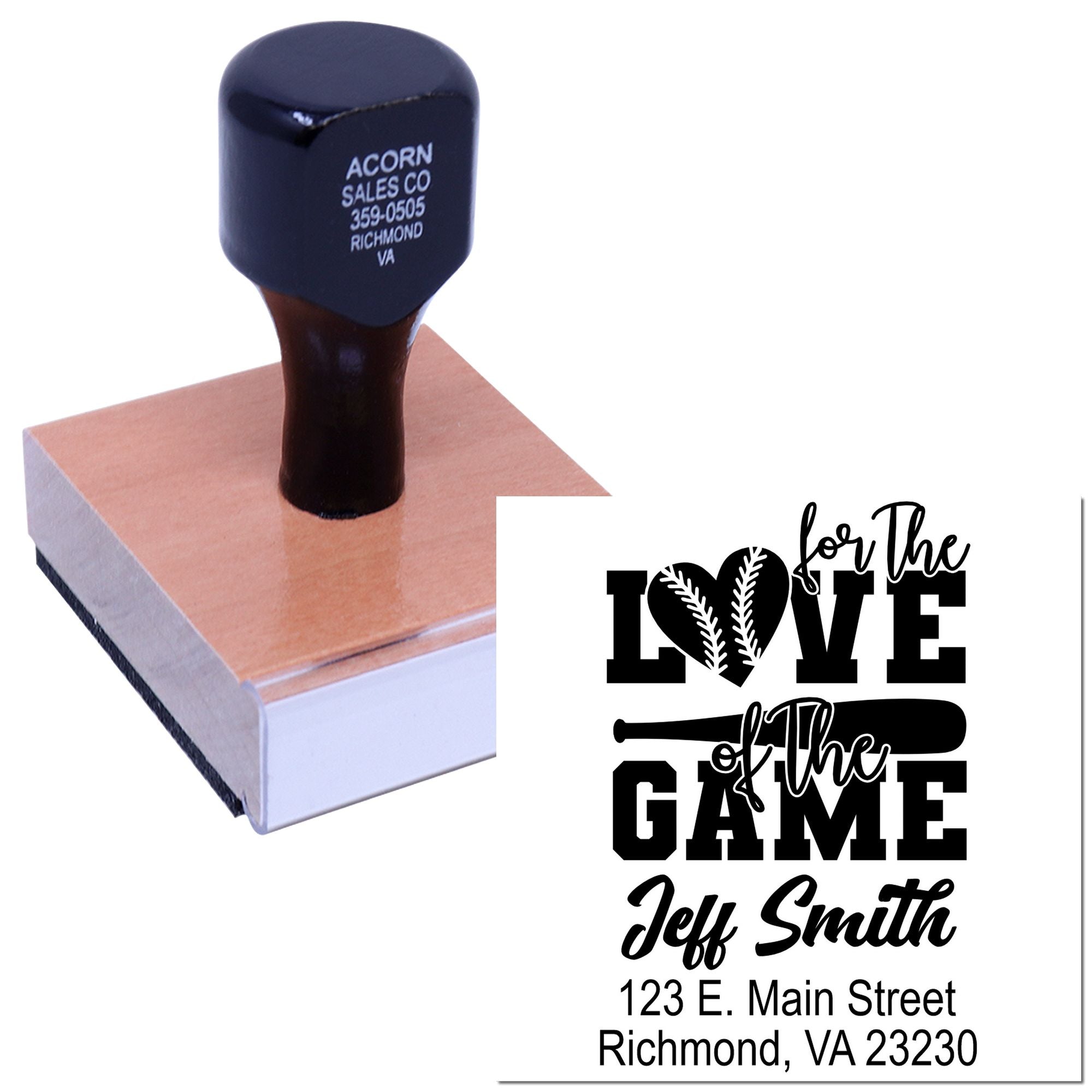Personalized baseball-themed rubber stamp with For the Love of the Game design, name, and address imprint.