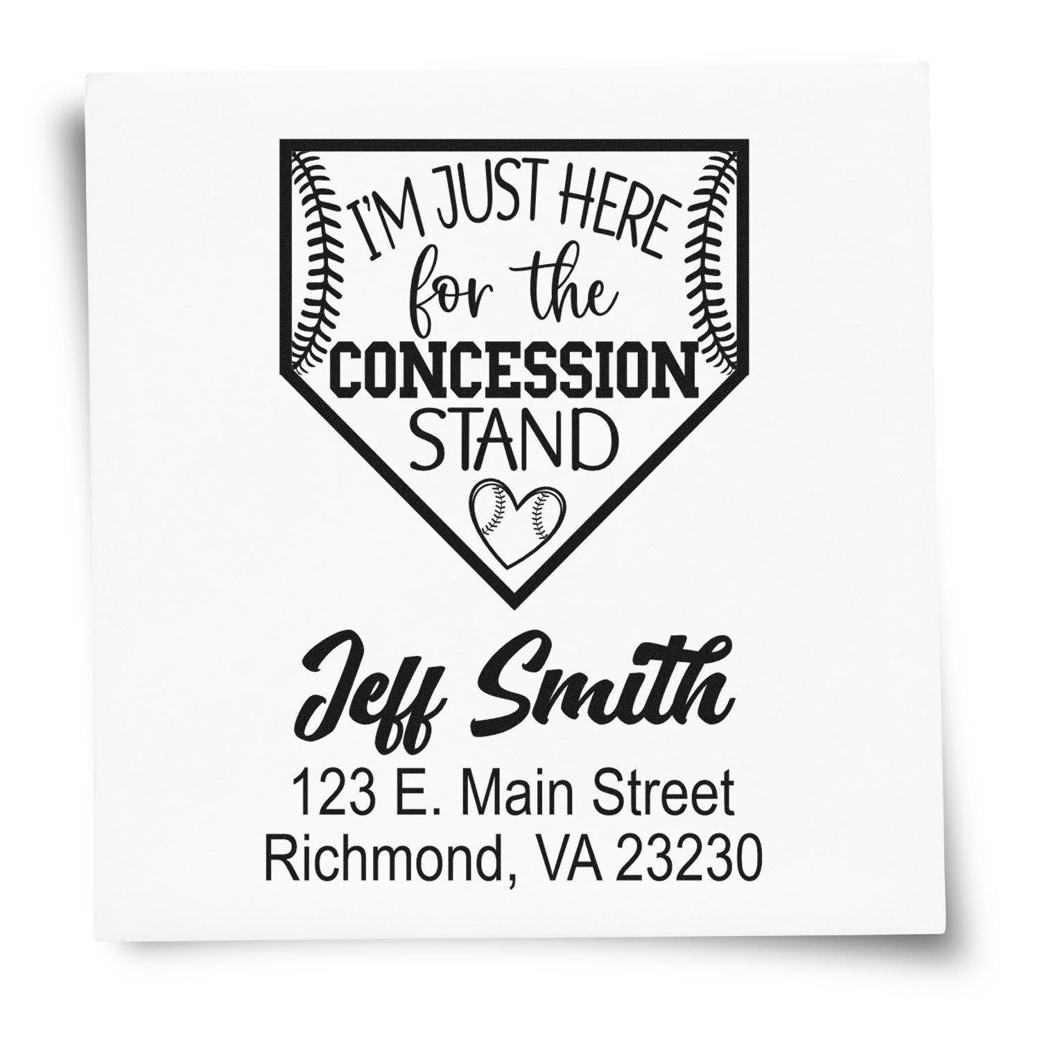 Personalized baseball concession stand rubber stamp with Jeff Smith name and address for sports event mailings.
