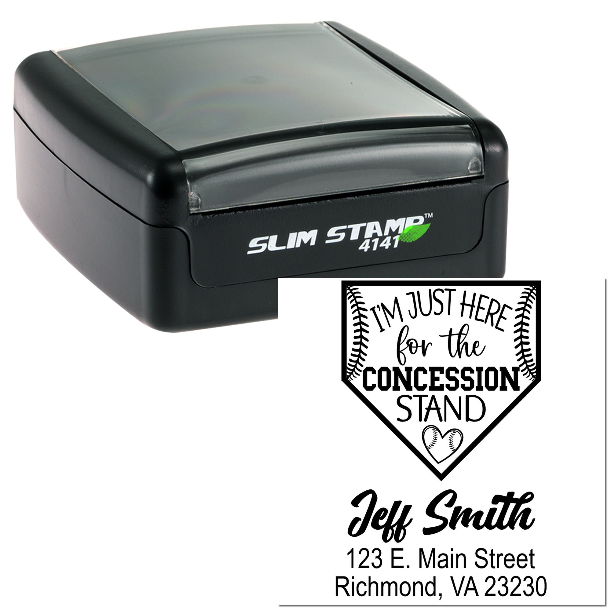 Custom self-inking rubber stamp for baseball concession stands, featuring a personalized return address and team logo design.