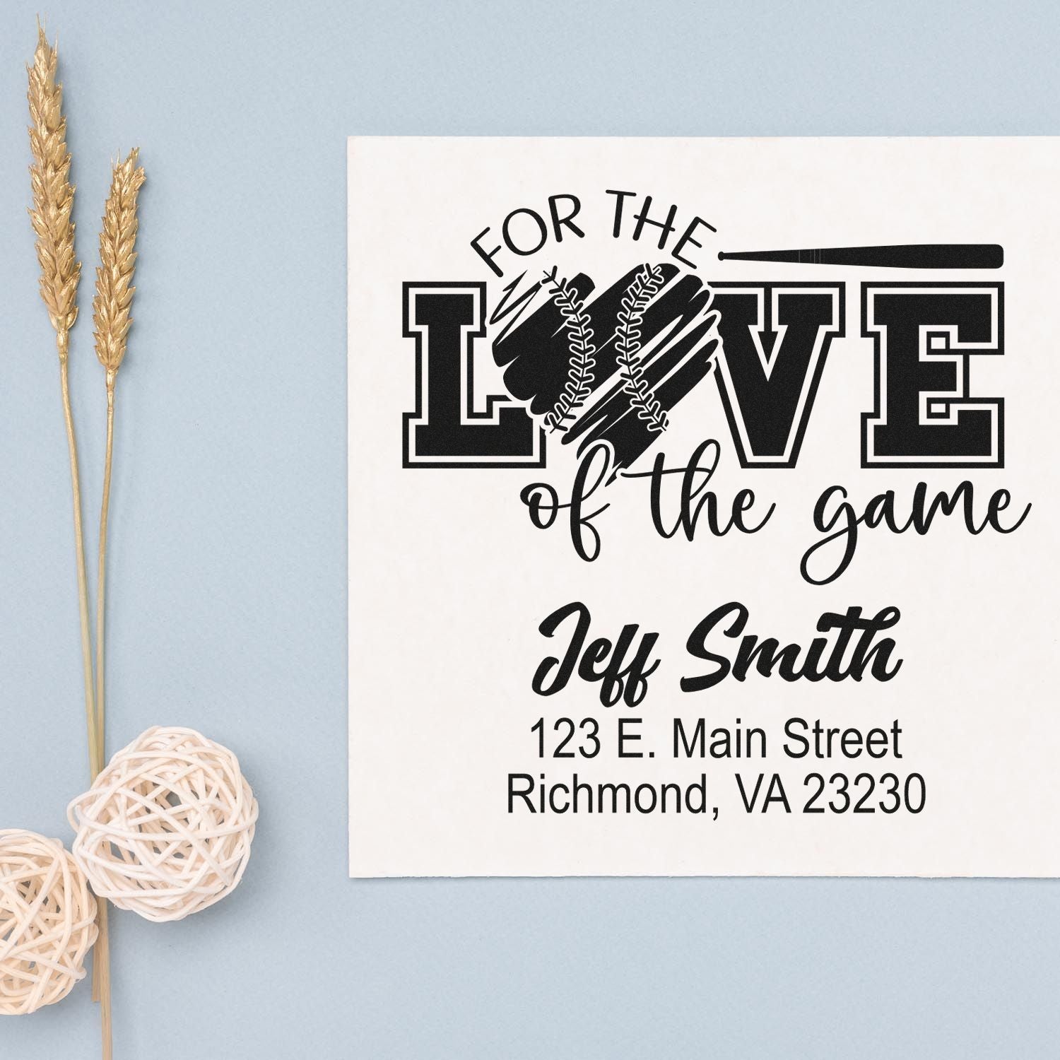 Custom baseball For the Love of the Game rubber stamp with personalized name and address for sports mailings and gifts