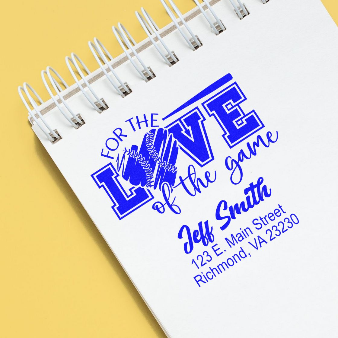 Custom baseball-themed rubber stamp with Love of the Game and personalized return address for Jeff Smith.