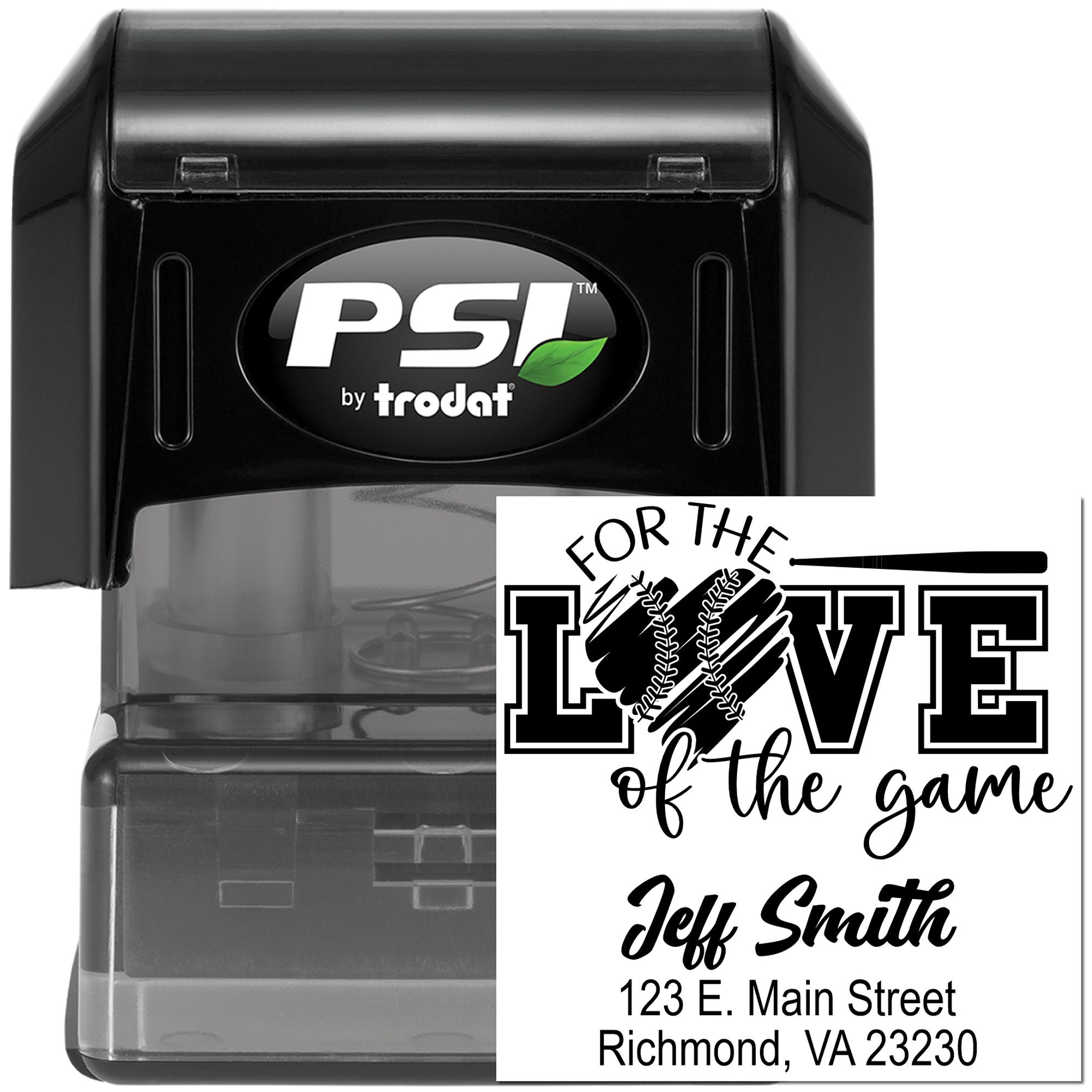 Custom PSI by Trodat self-inking rubber stamp with baseball love-of-the-game design and address imprint for Jeff Smith.